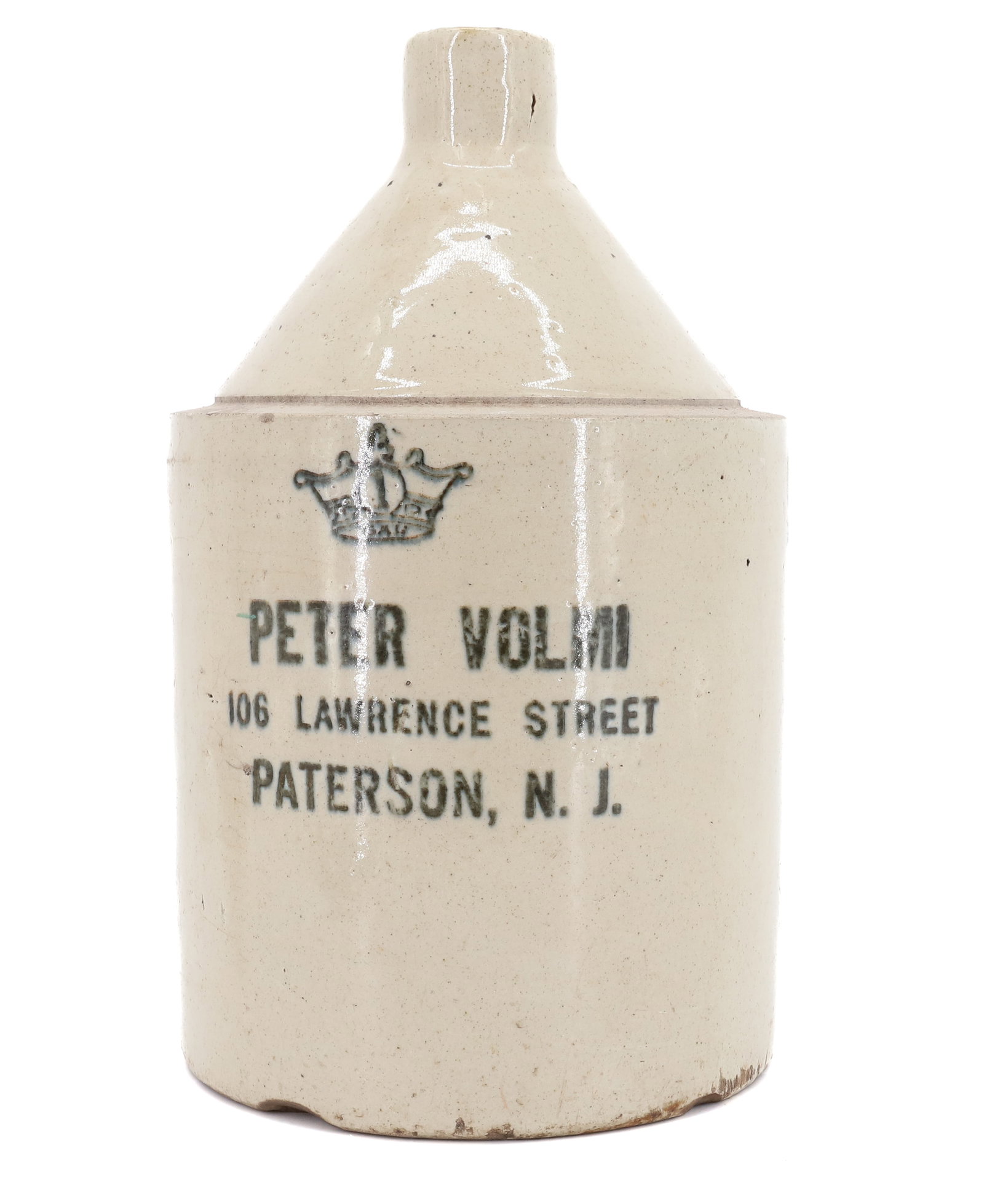 STONEWARE ADVERTISING JUG: PETER VOLMI, PATERSON, NJ 11 1/2" H. PLEASE READ CAREFULLY - Terms for Purchasing and Shipping of Auction Items. Please read carefully before bidding. All payments for purchases will be made through L