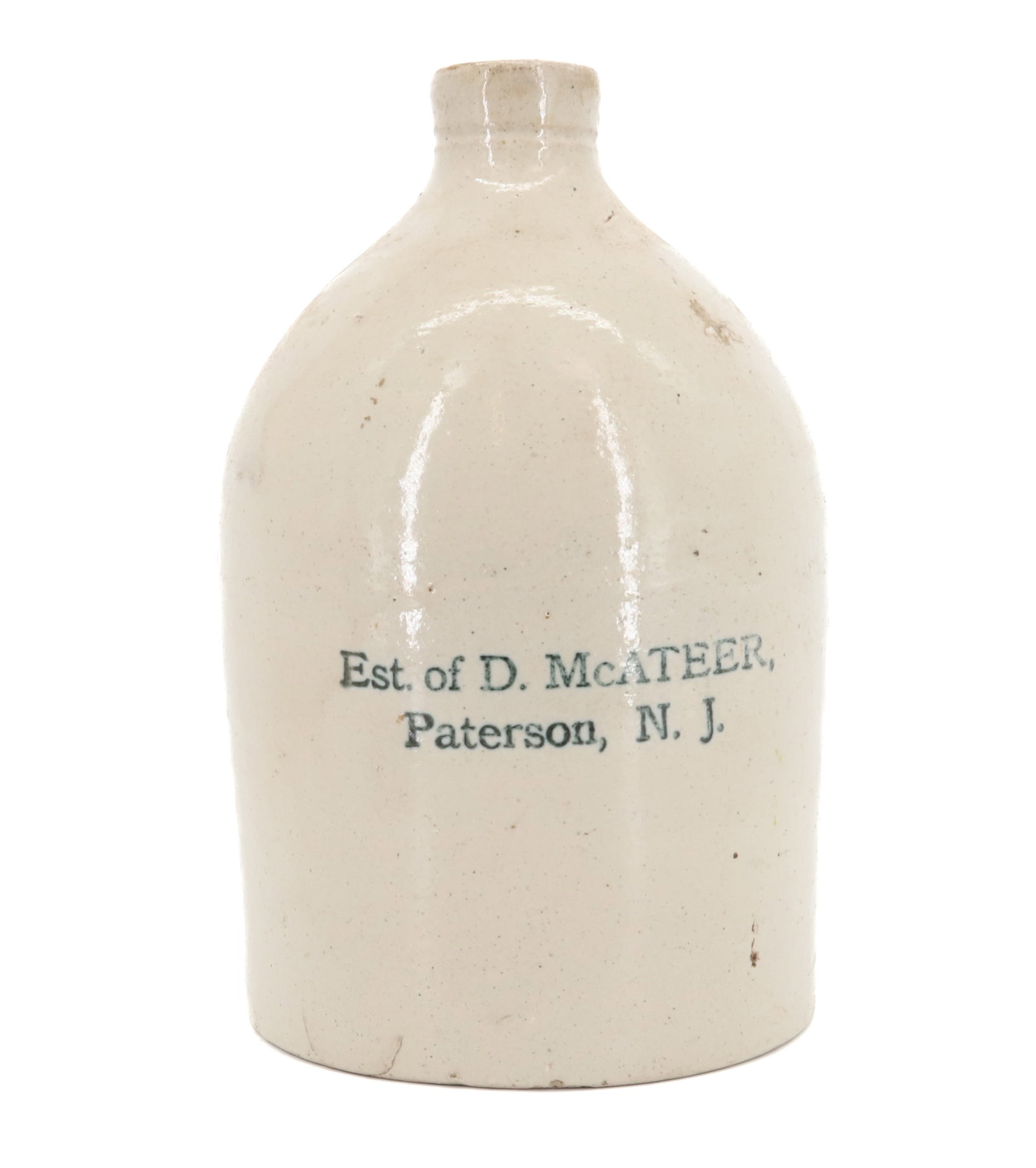 STONEWARE ADVERTISING JUG: EST. OF D. MCATEER, PATERSON, NJ 11" H. PLEASE READ CAREFULLY - Terms for Purchasing and Shipping of Auction Items. Please read carefully before bidding. All payments for purchases will be made throug