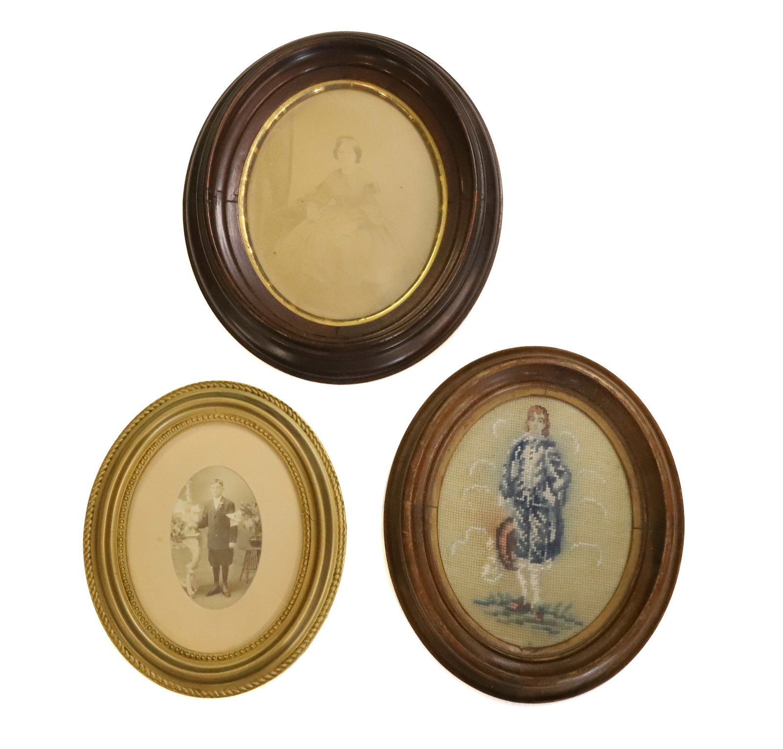 (3) VICTORIAN PHOTOS AND CREWEL WORK OVAL WOOD FRAMES: PHOTO OF YOUNG MAN, PHOTO OF YOUNG LADY AND CREWEL WORK COURTIER ALL IN OVAL VICTORIAN FRAMES 12" X 10" TO 14 1/2" X 12" PLEASE READ CAREFULLY - Terms for Purchasing and Shipping of Auction Items. Ple