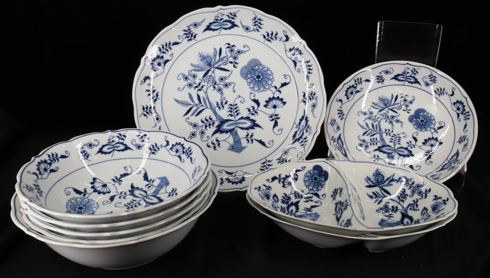 (9) BLUE DANUBE PATTERN PORCELAIN SERVING BOWLS: INCLUDES TWO DIVIDED BOWLS, FOUR 9" BOWLS, 10" BOWL, 10" LOW BOWL AND 12" ROUND CHOP PLATE PLEASE READ CAREFULLY - Terms for Purchasing and Shipping of Auction Items. Please read carefully before bidd