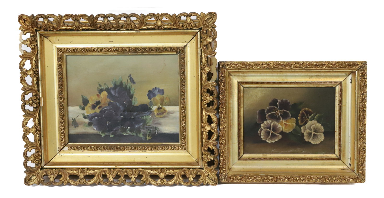 (2) VICTORIAN O/C OF PANSIES: GOLD LEAF GESSO FRAMES, BOTH WITH BOUQUETS OF PANSIES SIGHT VIEW 6" X 8", 7 3/4" X 9 3/4" OVERALL 10" X 12", 14" X 16" PLEASE READ CAREFULLY - Terms for Purchasing and Shipping of Auction Items. Pleas