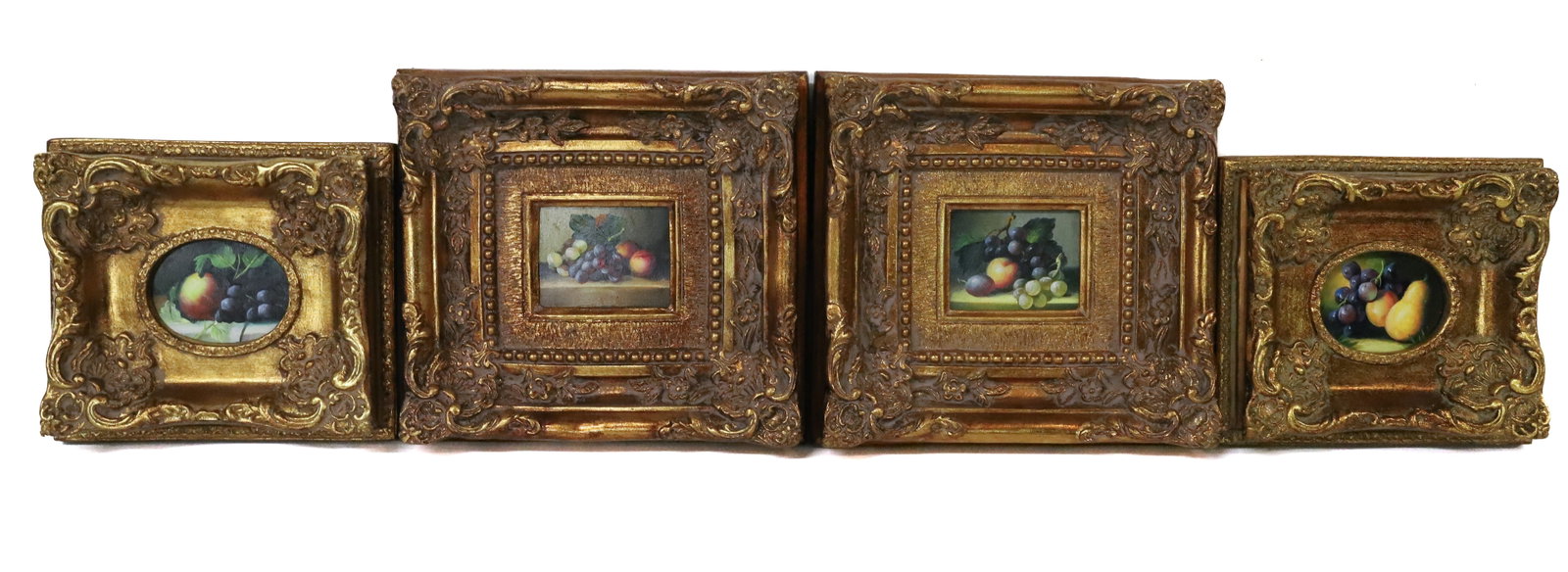 (4) CONTEMPORARY STILL LIFES O/B: ALL OIL ON BOARD FRUIT STILL LIFES IN ORNATE GESSO FRAMES CONTEMPORARY 7 1/4" X 8 1/4", 10" X 9 1/4" PLEASE READ CAREFULLY - Terms for Purchasing and Shipping of Auction Items. Please read carefully b
