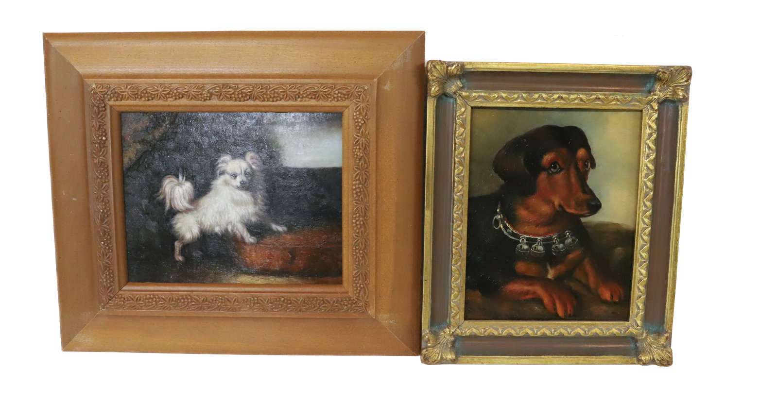 (2) CONTEMPORARY DOG PAINTINGS: OIL ON BOARD DACHSHUND AND SMALL WHITE HAIR DOG GESSO AND WOOD FRAMES 13 1/4" X 11 1/4", 14 1/2" X 16 1/2" PLEASE READ CAREFULLY - Terms for Purchasing and Shipping of Auction Items. Please read caref