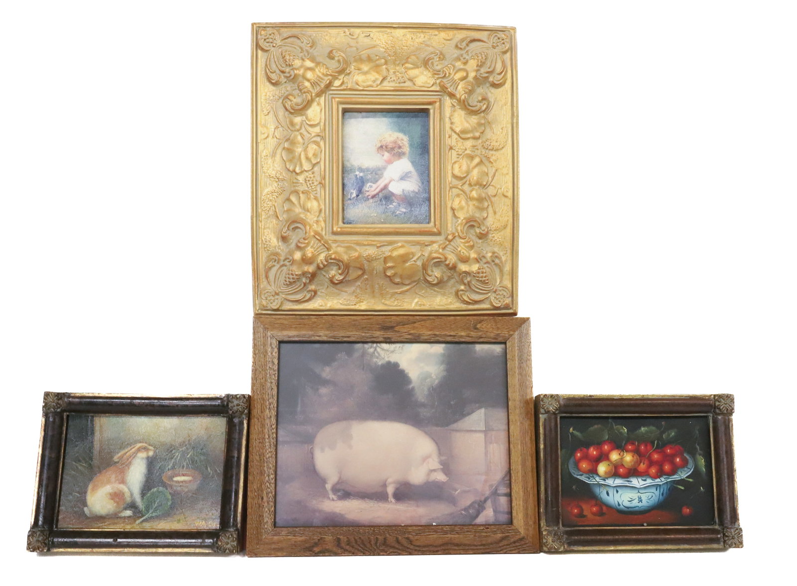 (4) CONTEMPORARY PAINTINGS,PRINTS: TWO PAINTINGS ON BOARD RABBIT AND STILL LIFE, TWO PRINTS OF PIG AND CHILD (2) 6 1/2" X 8 1/2", 10" X 12", 12 3/4" X 11 1/2" PLEASE READ CAREFULLY - Terms for Purchasing and Shipping of Auction Items. 