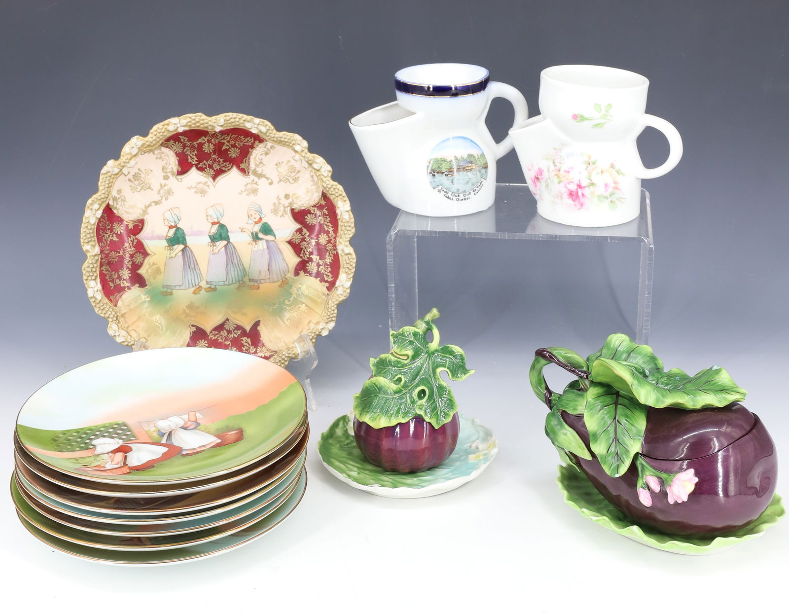 (12) VINTAGE PORCELAIN GROUPING: INCLUDES (7) CONTEMPORARY SUNBONNET BABIES COLLECTOR PLATES, GERMAN PLATE WITH THREE MAIDS, TWO SCUTTLE SHAVING MUGS AND TWO FITZ & FLOYD COVERED DISHES 7" DIA,8" DIA,4"H PLEASE READ CAREFULLY - Terms