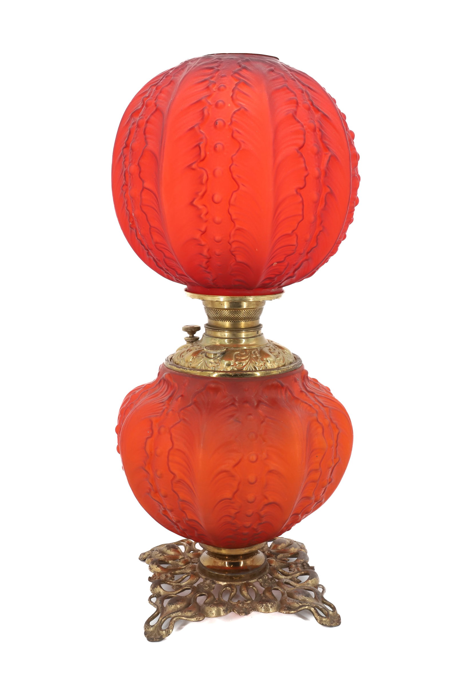 SATIN RED GLASS PARLOR LAMP CONSOLIDATED GLASS CO: BEADED DRAPE PATTERN IN RED SATIN BASE AND SHADE WITH ORIGINAL KEROSENE BURNER AND UNUSUAL ART NOUVEAU BASE 23"H PLEASE READ CAREFULLY - Terms for Purchasing and Shipping of Auction Items. Please read