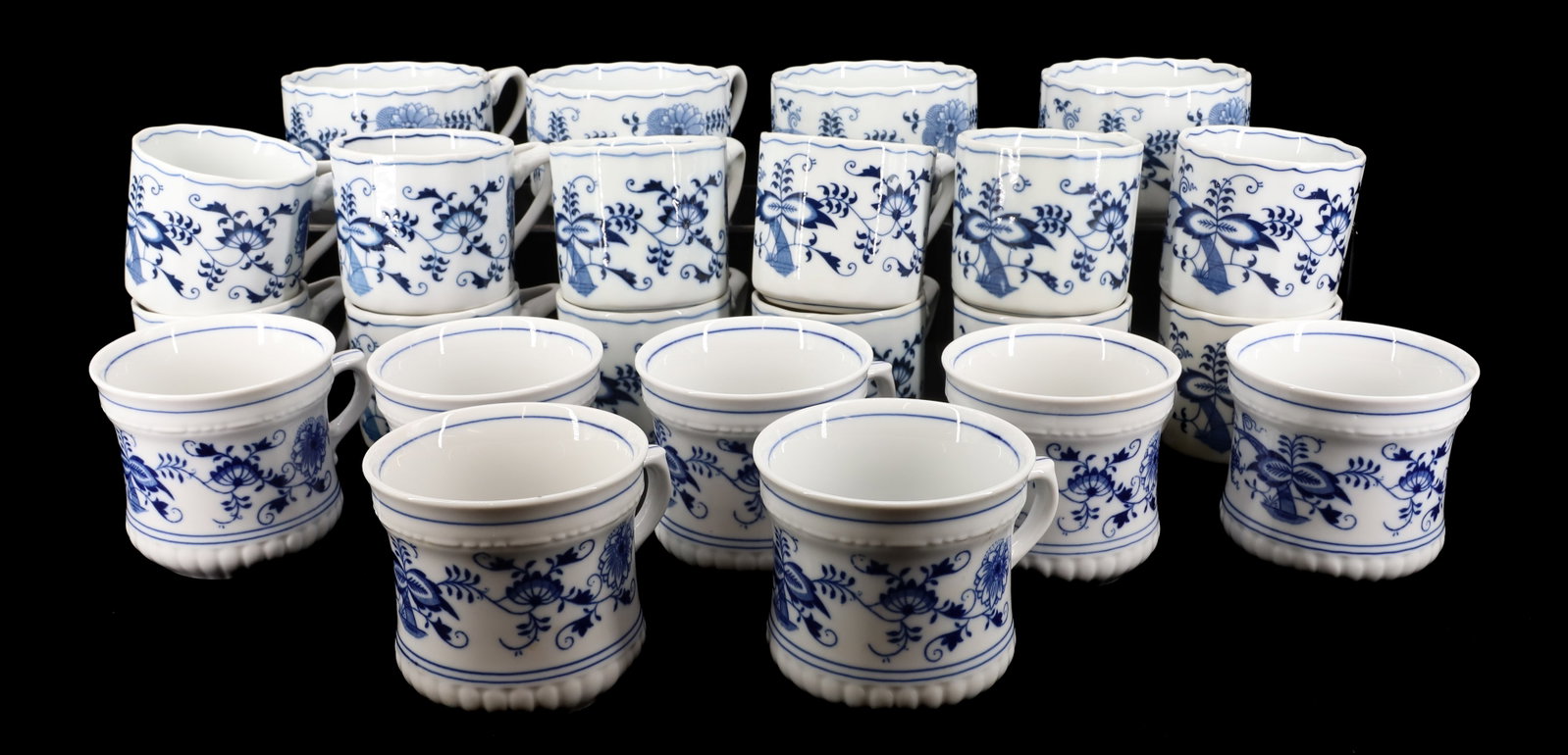 (23) BLUE ONION PATTERN PORCELAIN MUGS,SOUP CUPS: (7) MUGS BY ZWEIBELMUSTER, (16) BLUE DANUBE/JAPAN (12) MUGS, (4) SOUP MUGS 3 1/2" TO 4"H PLEASE READ CAREFULLY - Terms for Purchasing and Shipping of Auction Items. Please read carefully before biddin