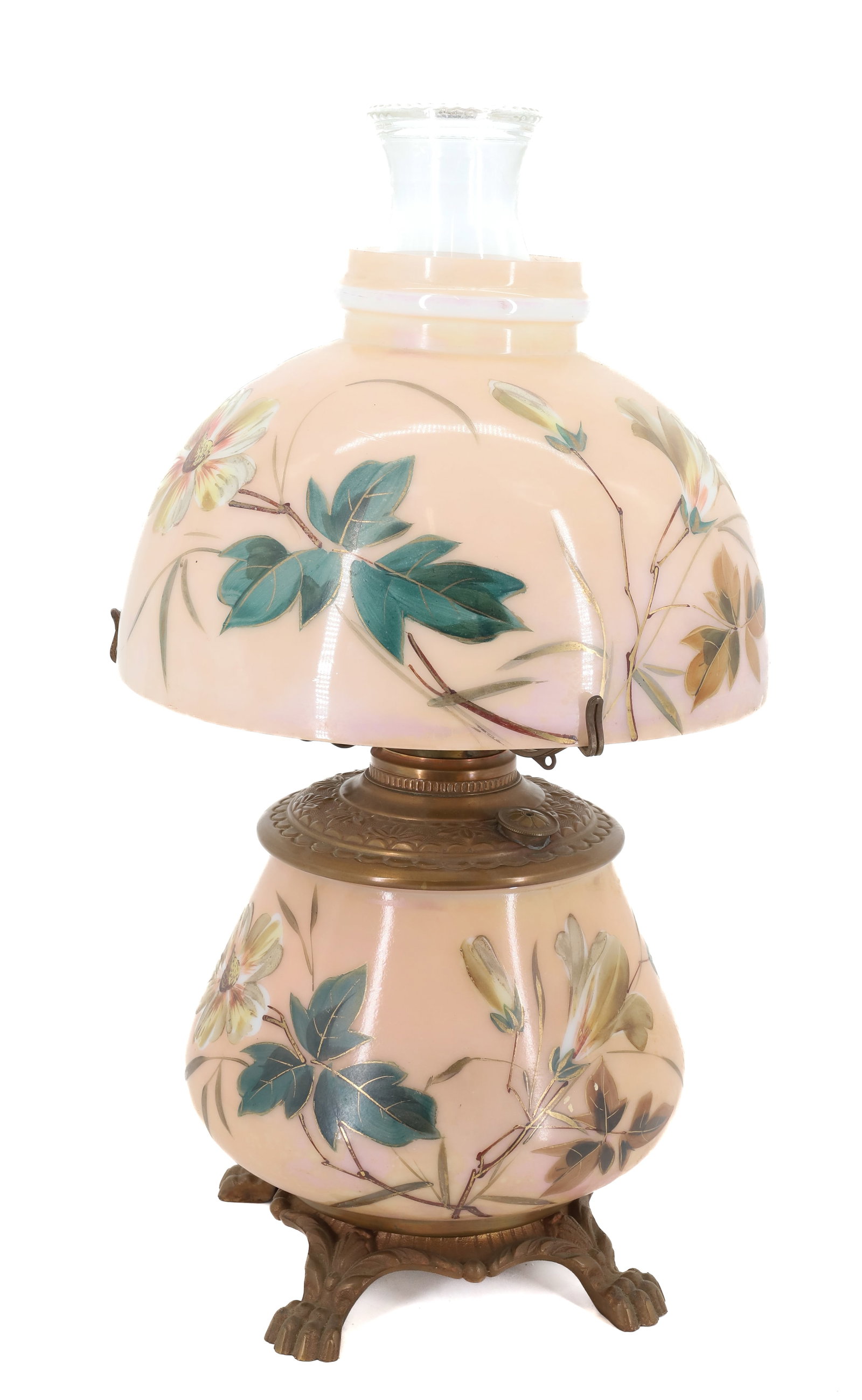 VICTORIAN PARLOR LAMP HAND PAINTED: PEACH COLOR BACKGROUND WITH FLOWERS,FOLIAGE ORIGINAL DOUBLE BURNER CLAW FEET BASE 18"H PLEASE READ CAREFULLY - Terms for Purchasing and Shipping of Auction Items. Please read carefully before bidding.
