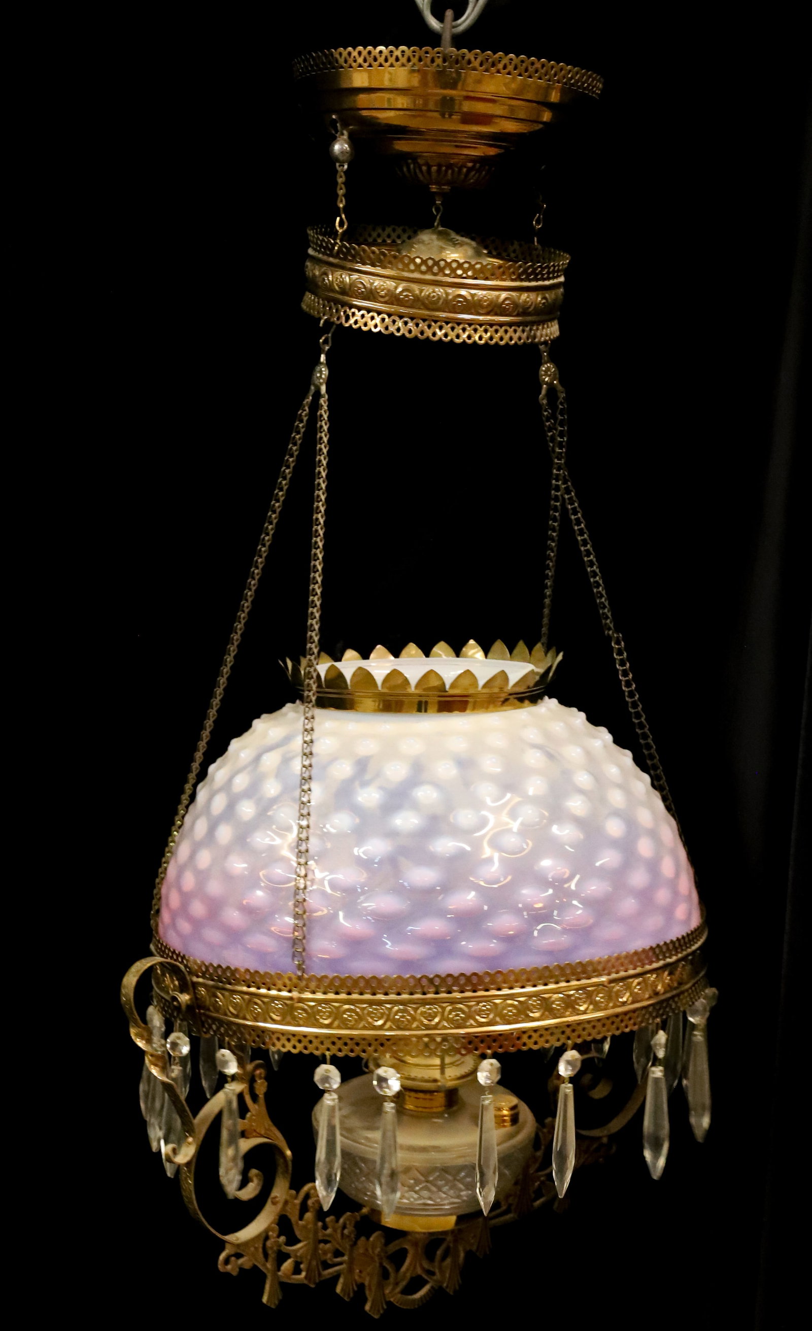 VICTORIAN HANGING LAMP PINK OPALESCENT SHADE: WITH KEROSENE BURNER CLEAR PATTERN GLASS FONT, HOBNAIL OPALESCENT TO PINK SHADE ORNATE BRASS PULL DOWN FRAME 33" X 17" PLEASE READ CAREFULLY - Terms for Purchasing and Shipping of Auction Items. Pleas