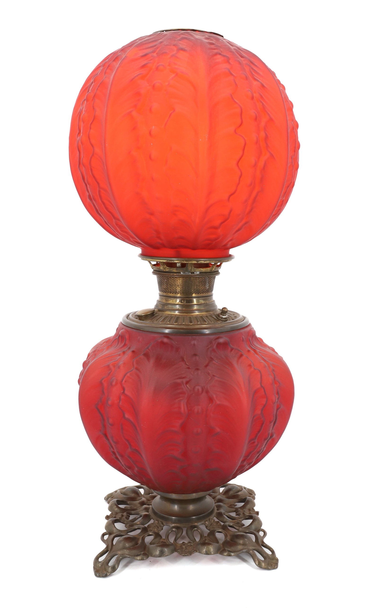 VICTORIAN RED SATIN GLASS PARLOR LAMP PITTSBURGH: BEADED DRAPE PATTERN ELECTRIFIED WITH UNUSUAL ART NOUVEAU CAST IRON BASE 23" PLEASE READ CAREFULLY - Terms for Purchasing and Shipping of Auction Items. Please read carefully before bidding. All payme