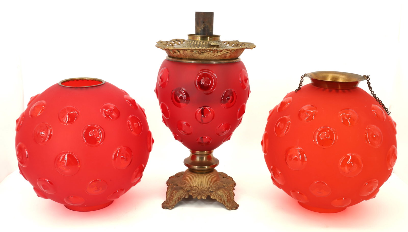 (3) VICTORIAN BULLSEYE RED SATIN GLASS LAMP AND SHADE: PITTSBURGH GLASS, INCLUDES HANGING LAMP SHADE, LAMP BASE, AND SHADE 10"H,10 1/2"H,13"H PLEASE READ CAREFULLY - Terms for Purchasing and Shipping of Auction Items. Please read carefully before bidding.