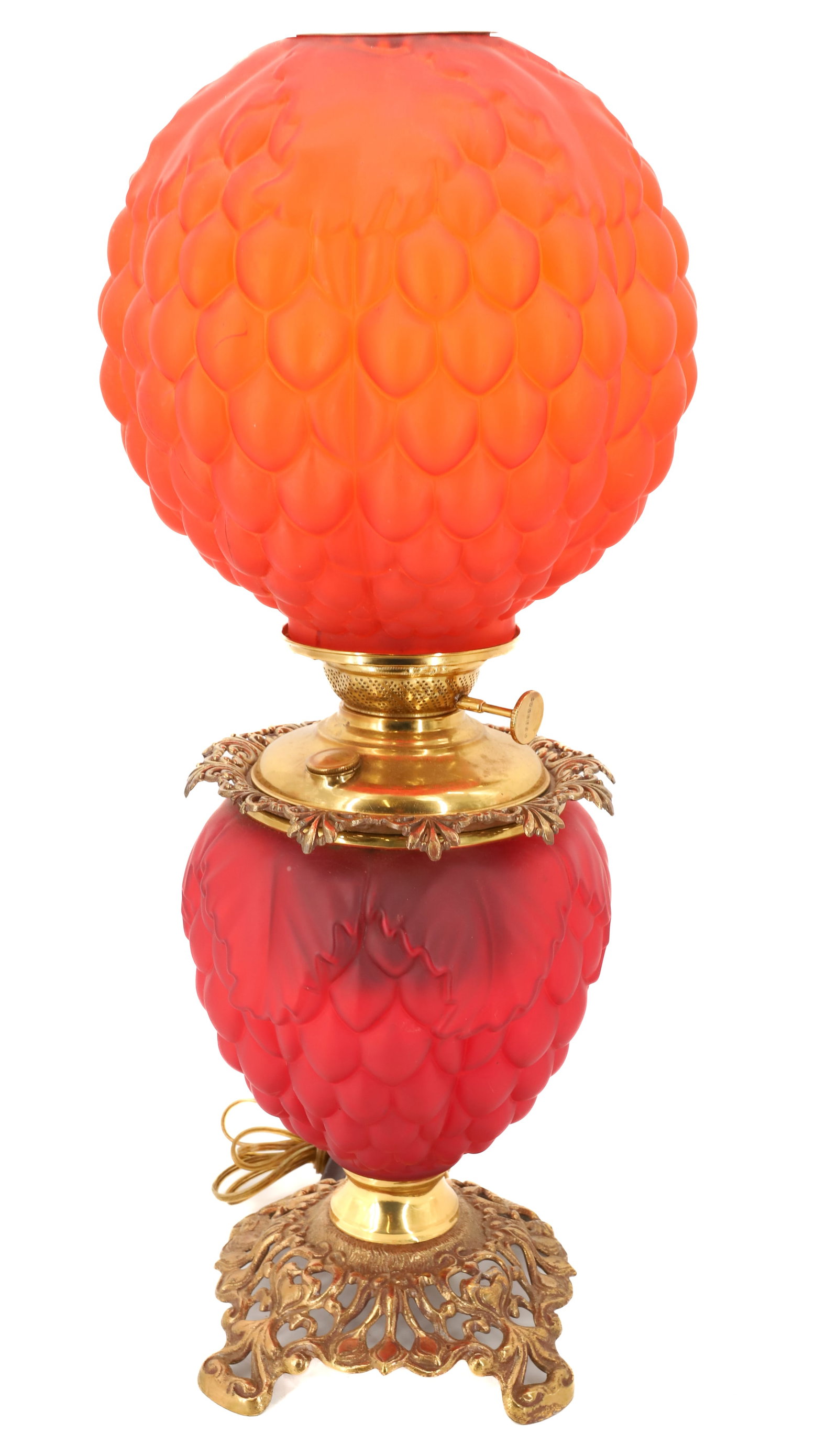 VICTORIAN RED SATIN GLASS PARLOR EDWARD MILLER & CO: GRAPE CLUSTER PATTERN POLISHED BRASS ELECTRIFIED SHADE IS LIGHTER COLOR THAN BASE 23 1/2" PLEASE READ CAREFULLY - Terms for Purchasing and Shipping of Auction Items. Please read carefully before biddi