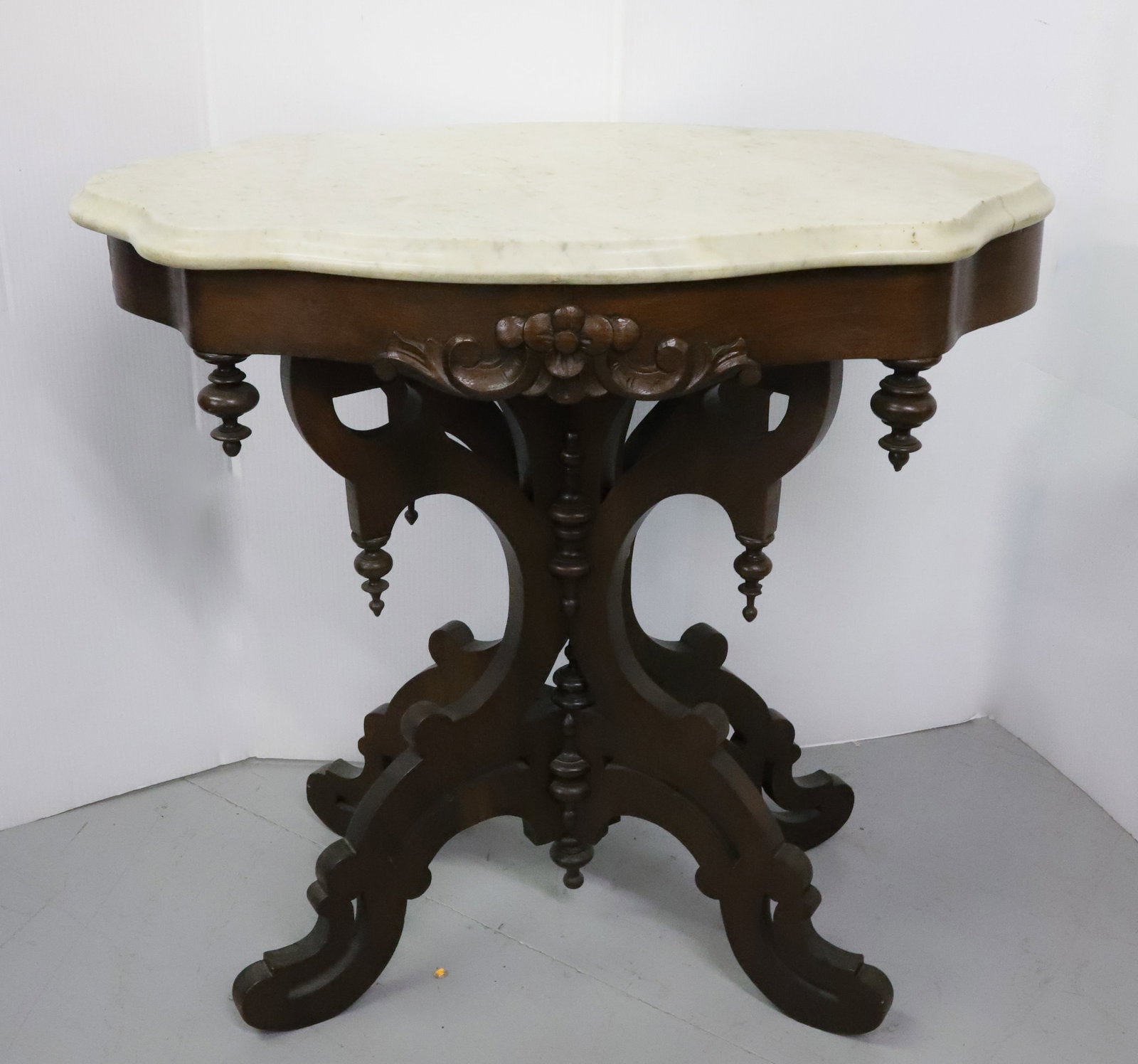 VICTORIAN MARBLE TOP STAND WITH FANCY BASE: NICE WALNUT STAND WITH SCALLOPED MARBLE TOP PLEASE READ CAREFULLY - Terms for Purchasing and Shipping of Auction Items. Please read carefully before bidding. All payments for purchases will be made th