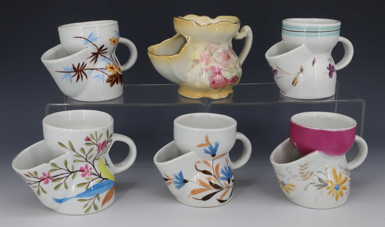 SIX ANTIQUE SCUTTLE SHAVING MUGS: ALL DIFFERENT SIZES AND PATTERNS PLEASE READ CAREFULLY - Terms for Purchasing and Shipping of Auction Items. Please read carefully before bidding. All payments for purchases will be made through LiveA