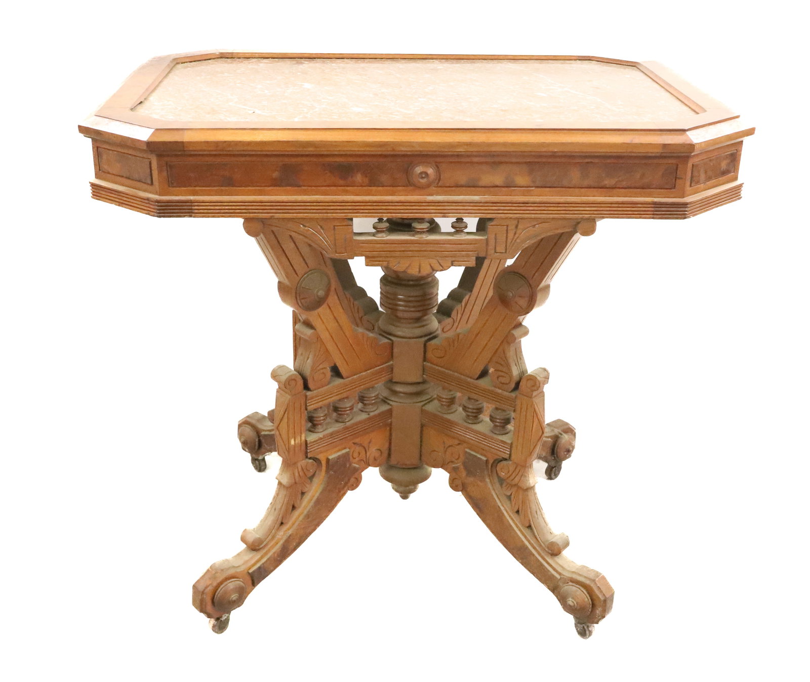 AMERICAN WALNUT MARBLE TOP PARLOR TABLE WITH ORNATE BASE: VICTORIAN PARLOR TABLE WITH FITTED MARBLE TOP AND ORNATE BASE PLEASE READ CAREFULLY - Terms for Purchasing and Shipping of Auction Items. Please read carefully before bidding. All payments for purchas