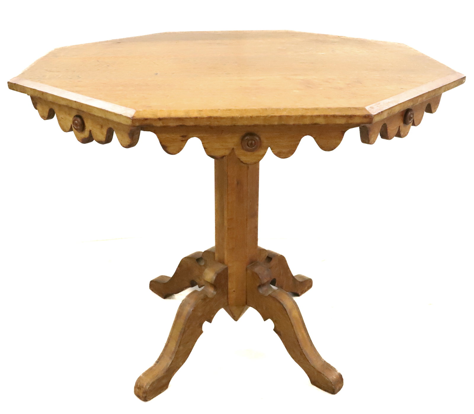 FIGURAL GRAIN MAPLE STAND WITH OCTAGONAL TOP WITH PENCIL PEDESTAL BASE: UNUSUAL WITH MAPLE TABLE WITH SCALLOPED APRON PLEASE READ CAREFULLY - Terms for Purchasing and Shipping of Auction Items. Please read carefully before bidding. All payments for purchases will be made 