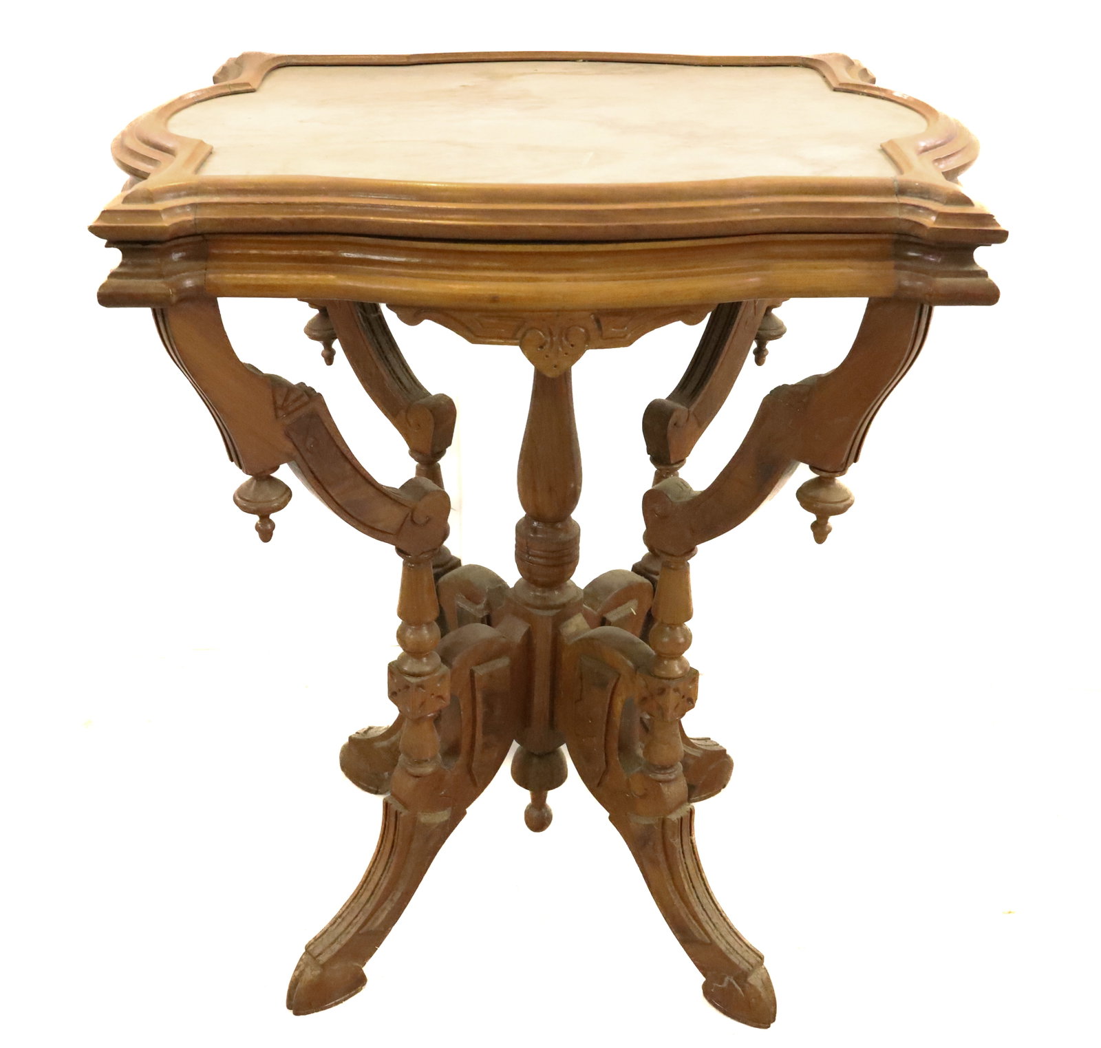 AMERICAN WALNUT MARBLE TOP PARLOR TABLE WITH ORNATE BASE: NICE VICTORIAN PARLOR STAND WITH FITTED MARBLE TOP AND ORNATE BASE PLEASE READ CAREFULLY - Terms for Purchasing and Shipping of Auction Items. Please read carefully before bidding. All payments for pu