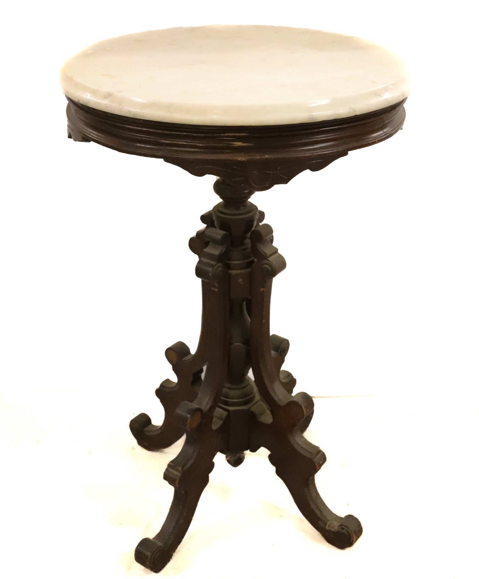 OVAL VICTORIAN STAND WITH MARBLE TOP: OVAL WALNUT STAND WITH MARBLE TOP PLEASE READ CAREFULLY - Terms for Purchasing and Shipping of Auction Items. Please read carefully before bidding. All payments for purchases will be made through Live