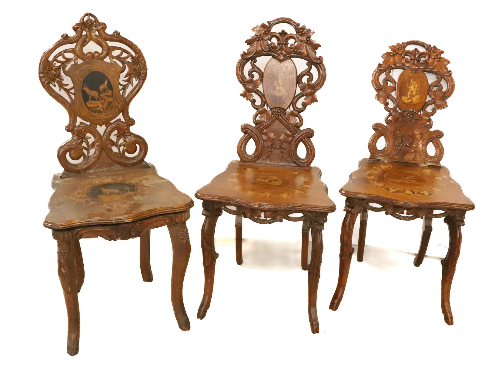 BLACK FOREST CHAIRS WITH CARVED BACK AND LEGS, ONE WITH MUSIC BOX IN SEAT: PAIR OF MARQUETRY CHAIRS, SWISS , ONE WITH MUSIC IN SEAT PLEASE READ CAREFULLY - Terms for Purchasing and Shipping of Auction Items. Please read carefully before bidding. All payments for purchases wi