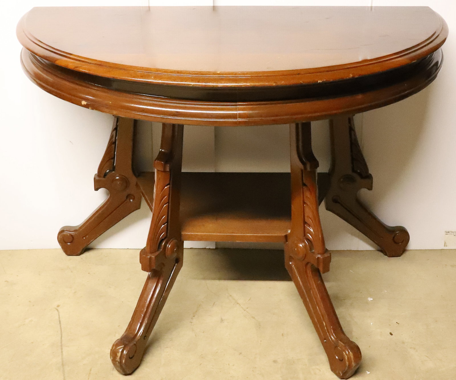 WALNUT CONSOLE TABLE: DECORATIVE CONSOLE TABLE, WALNUT, FOUR LEGS AND SHELF PLEASE READ CAREFULLY - Terms for Purchasing and Shipping of Auction Items. Please read carefully before bidding. All payments for purchases will 