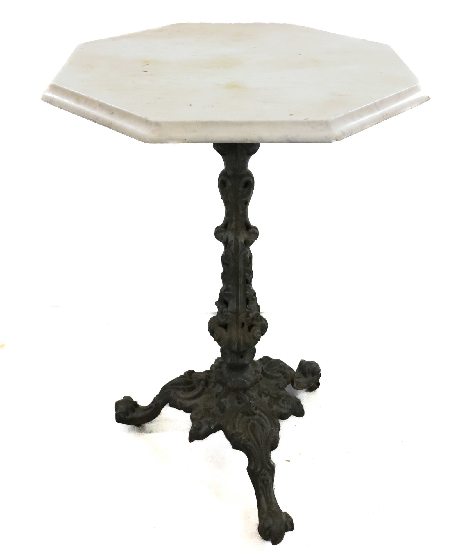 FRENCH DESIGN, OCTAGONAL MARBLE TOP CAST IRON BASE: MARBLE TOP STAND WITH NATURALISTIC CAST IRON BASE PLEASE READ CAREFULLY - Terms for Purchasing and Shipping of Auction Items. Please read carefully before bidding. All payments for purchases will be m