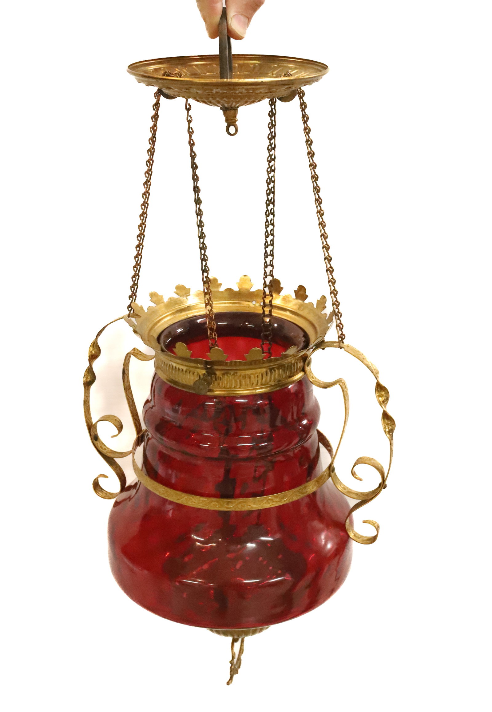 ANTIQUE CRANBERRY HANGING LAMP: POLISHED BRASS PULL DOWN FRAME WITH EXPANDED DIAMOND CRANBERRY SHADE 18"H PLEASE READ CAREFULLY - Terms for Purchasing and Shipping of Auction Items. Please read carefully before bidding. All payments