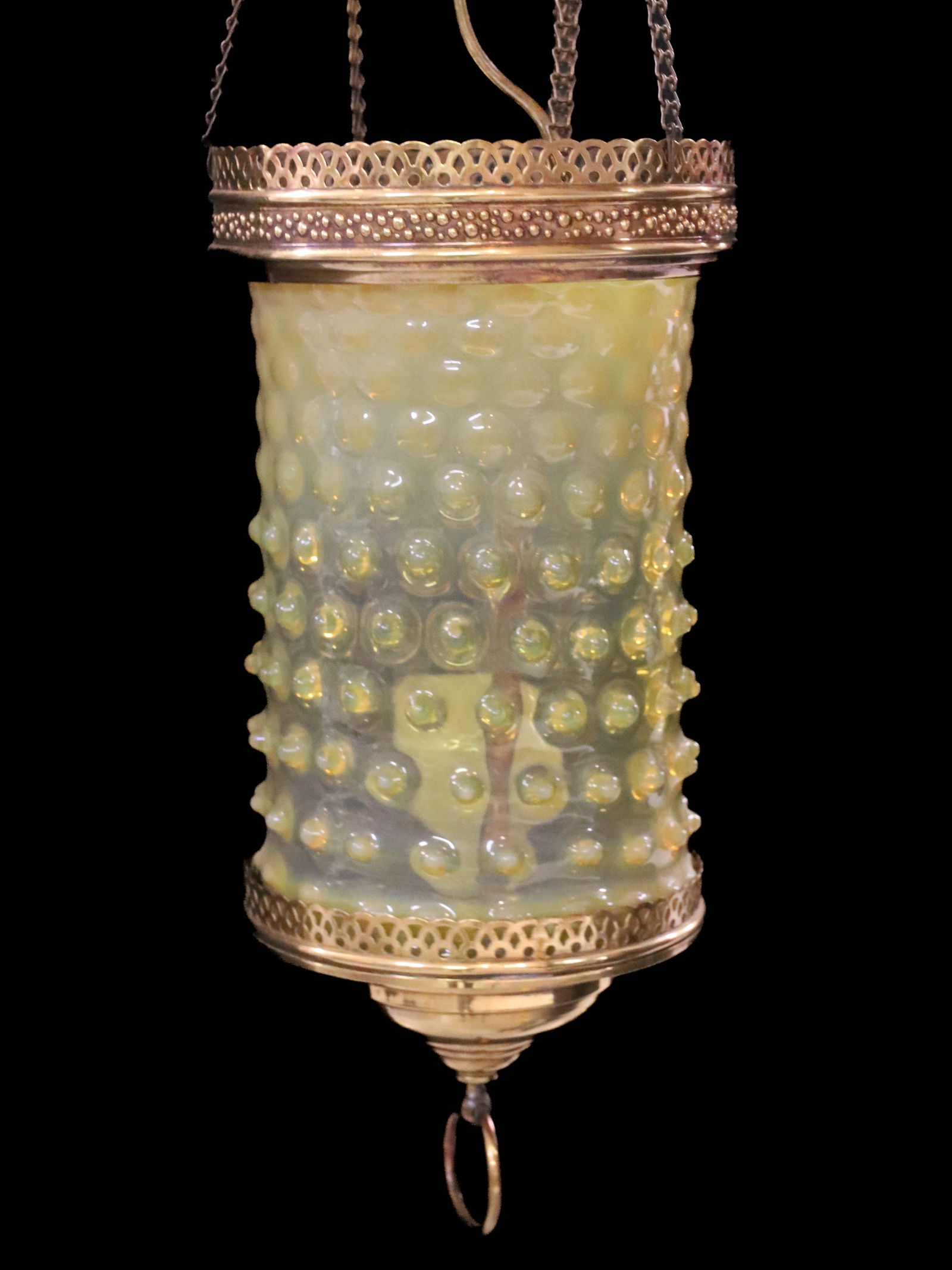 ANTIQUE HANGING LIGHT YELLOW OPALESCENT SHADE: HAND BLOWN YELLOW OPALESCENT SHADE WITH PULL DOWN POLISHED BRASS SHADE ELECTRIFIED 19" X 6 1/2" PLEASE READ CAREFULLY - Terms for Purchasing and Shipping of Auction Items. Please read carefully before