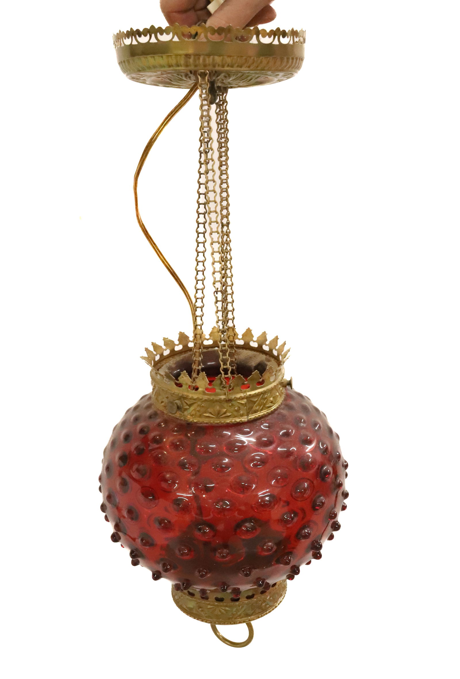 ANTIQUE HANGING LIGHT CRANBERRY SHADE: HAND BLOWN HOBNAIL CRANBERRY SHADE WITH POLISHED PULL DOWN BRASS FRAME ELECTRIFIED 21"H X 9 1/2" PLEASE READ CAREFULLY - Terms for Purchasing and Shipping of Auction Items. Please read carefully befor