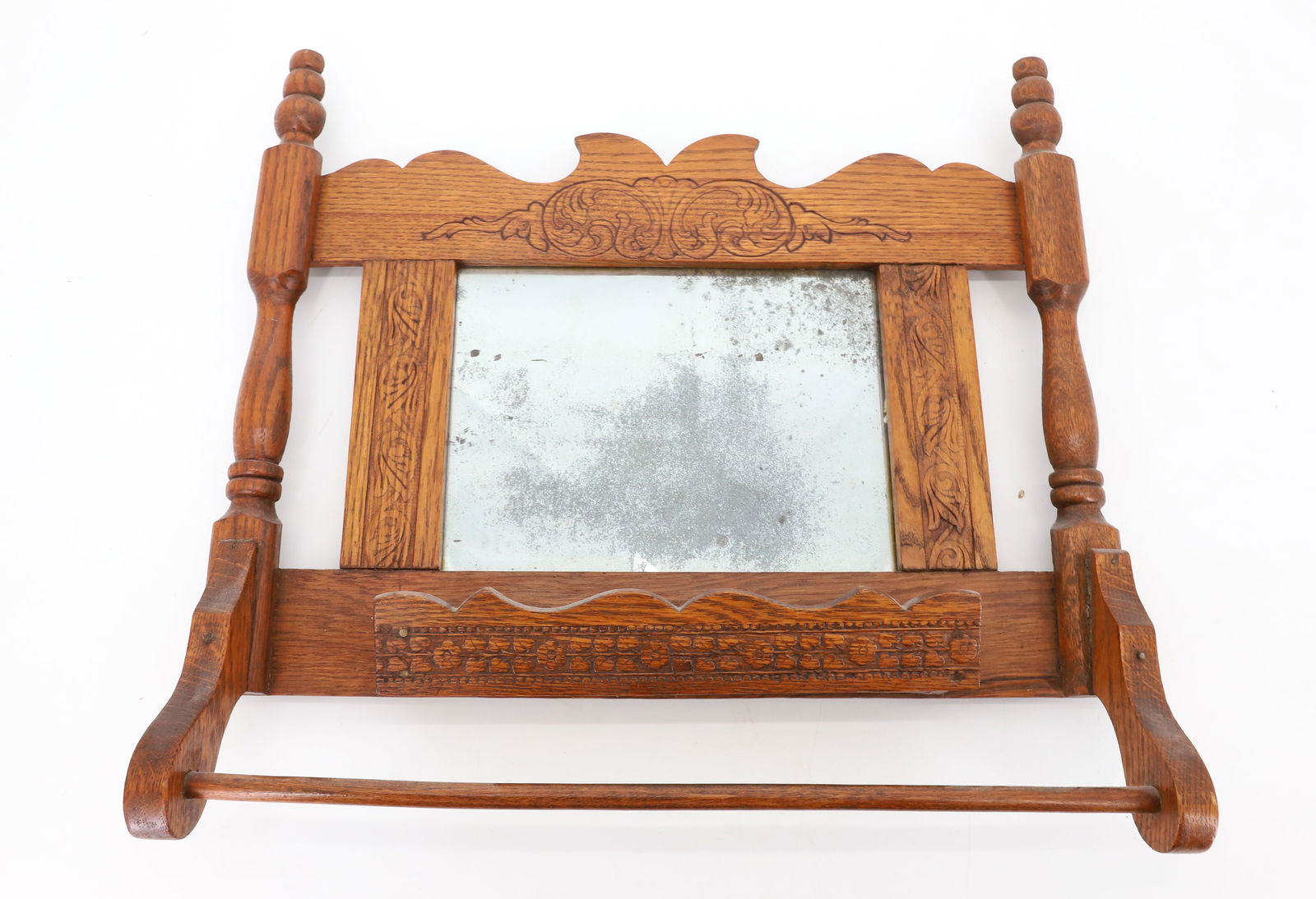 ANTIQUE OAK MIRROR,COMB BOX: SOLID OAK WITH MIRROR, TOWEL RACK AND COMB BOX 16 3/4'" X 17 1/2" PLEASE READ CAREFULLY - Terms for Purchasing and Shipping of Auction Items. Please read carefully before bidding. All payments for pur