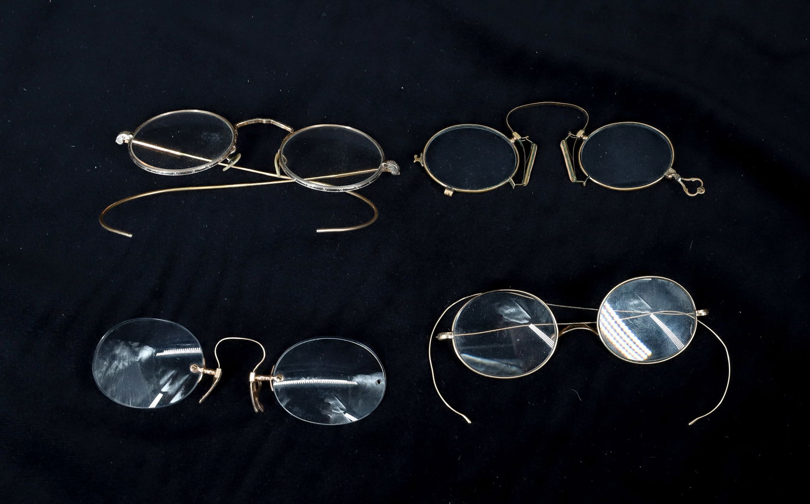 (4) 19TH CENTURY GOLD FILLED EYE SPECTACLES: FOUR DIFFERENT STYLES 4"W PLEASE READ CAREFULLY - Terms for Purchasing and Shipping of Auction Items. Please read carefully before bidding. All payments for purchases will be made through LiveAuctione