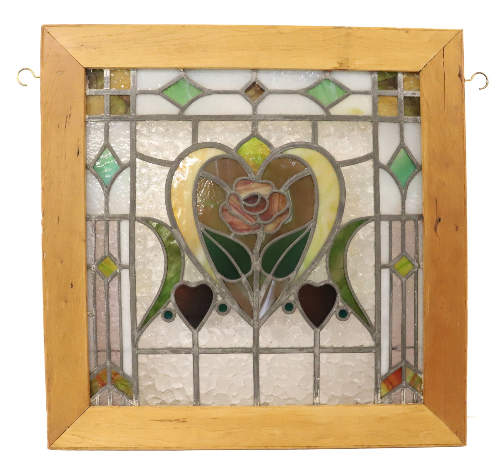 VINTAGE LEADED GLASS WINDOW: CENTER DESIGN HEART WITH ROSE IN MODERN FRAME 19 1/4" X 19 1/4" PLEASE READ CAREFULLY - Terms for Purchasing and Shipping of Auction Items. Please read carefully before bidding. All payments for purch