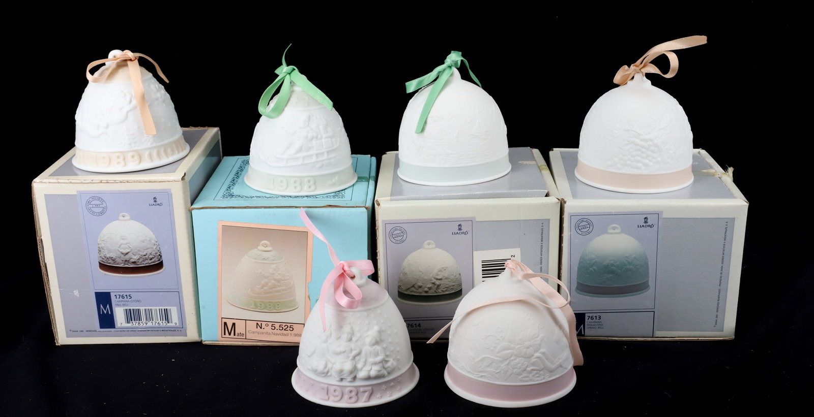 VINTAGE (4) LLADRO BELLS: 1988 BELL AND SEASON BELLS FOUR WITH BOXES 3"H PLEASE READ CAREFULLY - Terms for Purchasing and Shipping of Auction Items. Please read carefully before bidding. All payments for purchases will be made