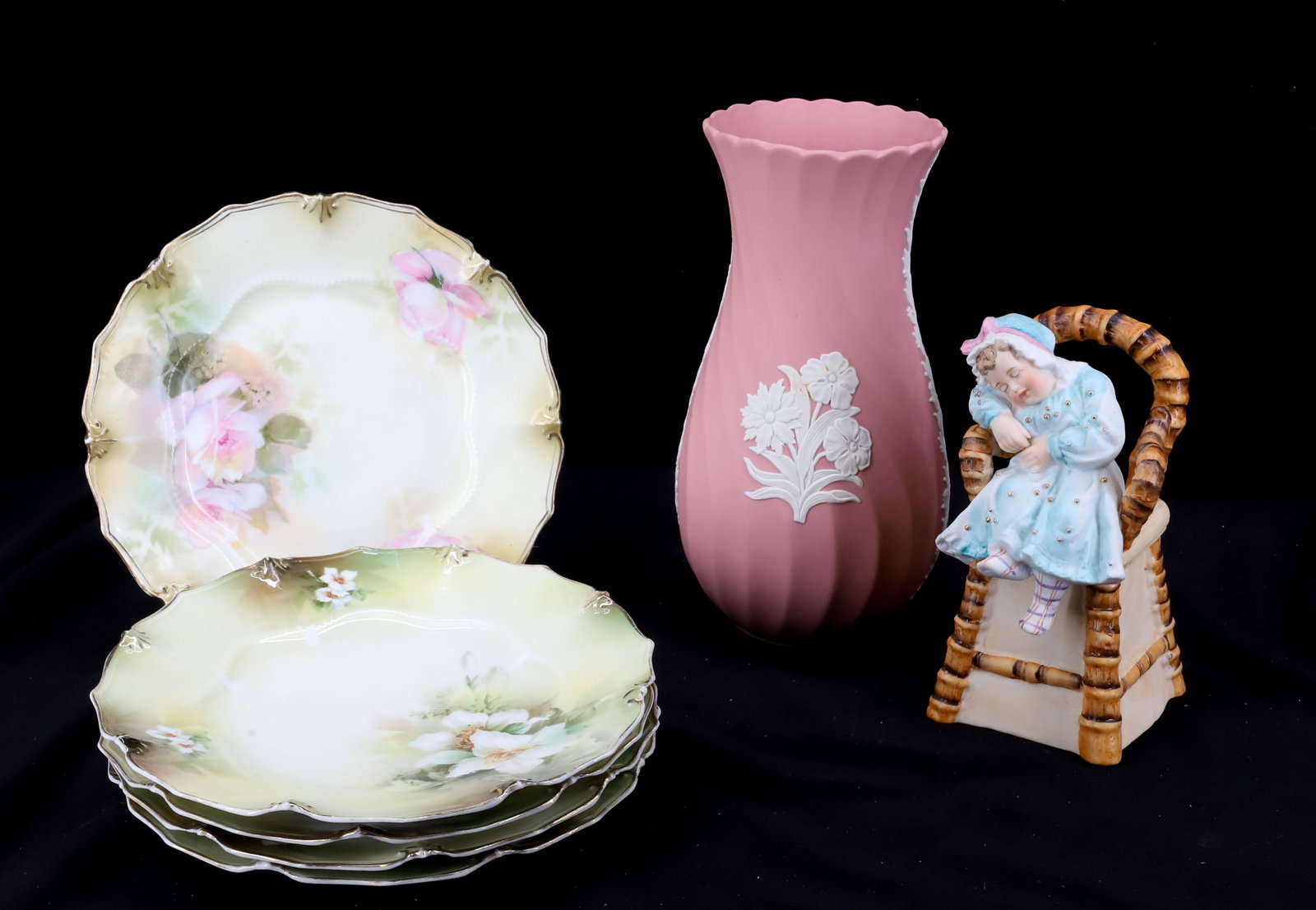 VINTAGE PORCELAIN RS PRUSSIA PLATES,WEDGWOOD VASE, BISQUE FIGURINE: RS PRUSSIA RED MARK (5) PLATES 7 1/2" DIA, PINK JASPERWARE WEDGWOOD VASE AND BISQUE HIGHCHAIR WITH CHILD 8 1/2"H, 7"H PLEASE READ CAREFULLY - Terms for Purchasing and Shipping of Auction Items. Please