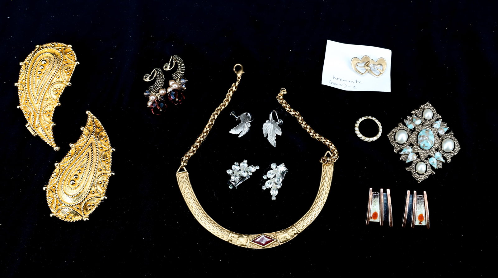 (9) COSTUME JEWELRY, WEIS,SARAH COVENTRY, MIMI: SARAH COVENTRY BROOCH, MIMI BELT BUCKLE, WEIS RHINESTONE EARRINGS, COPPER AND ENAMEL EARRINGS, MMA NECKLACE 2 3/4"H,6 1/2"L, PLEASE READ CAREFULLY - Terms for Purchasing and Shipping of Auction Items.