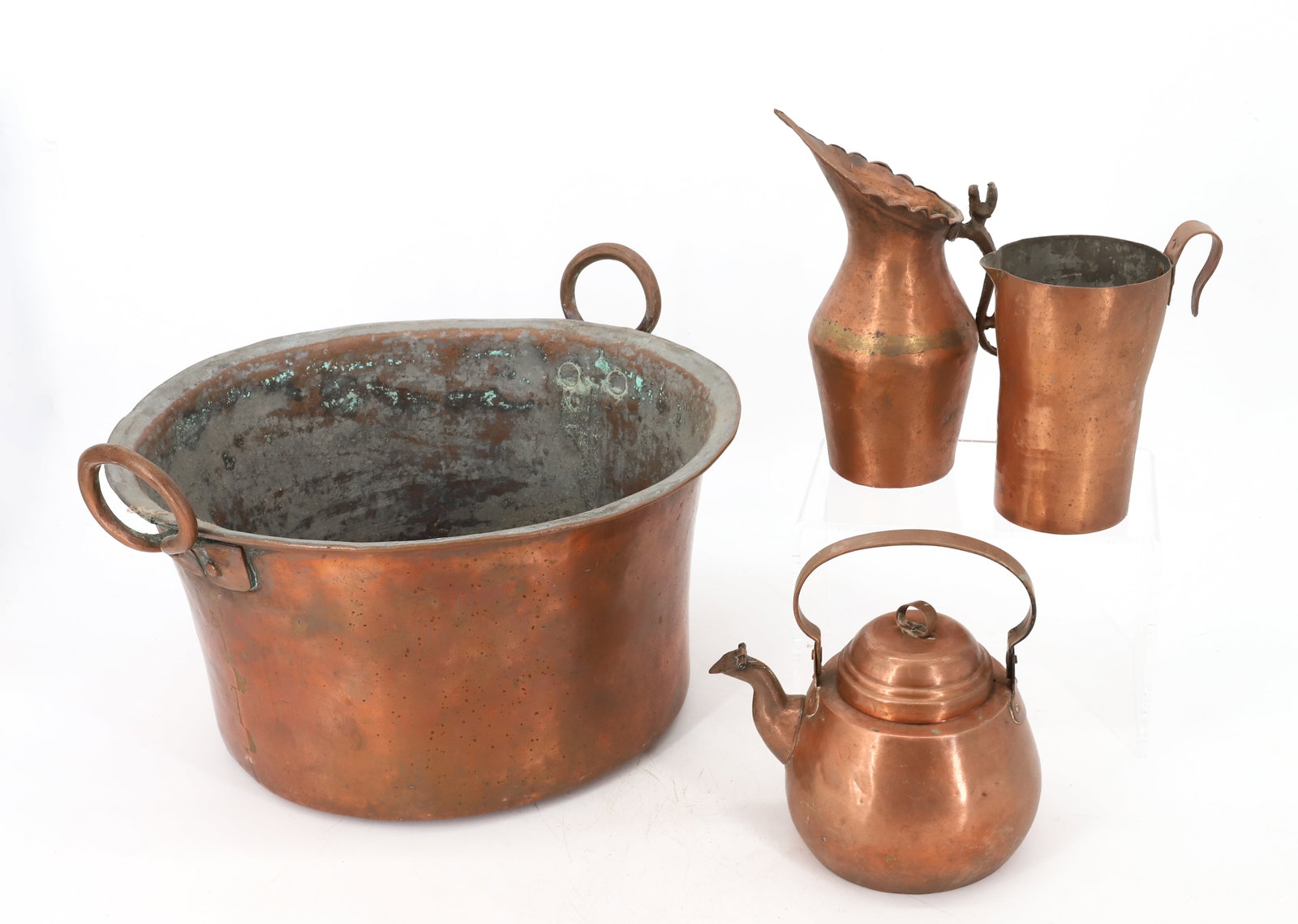 (4) PRIMITIVE COPPER POT, TWO PITCHERS AND TEAPOT: HAMMERED POT WITH COPPER HANDLES AND DOVETAILS, TWO COPPER PITCHERS 5 1/4"H,8"H TEAPOT SPOUT COVER AND SWING HANDLE POT 7" X 13" DIA, TEAPOT 5 1/2" X 6" PLEASE READ CAREFULLY - Terms for Purchasing an