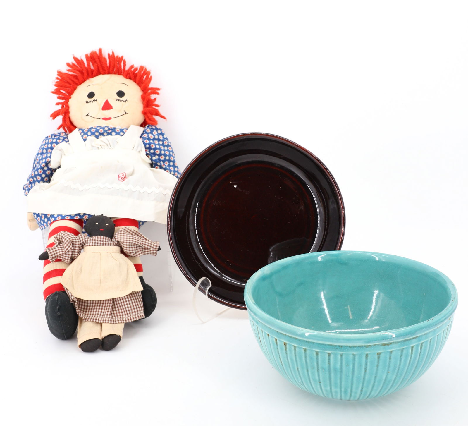 (4) POTTERY BOWLS,RAGGEDY ANN,BLACK DOLL: BROWN GLAZE PIE PLATE, AQUA POTTERY MIXING BOWL, RAGGEDY ANN DOLL AND CLOTH BLACK DOLL BOWLS 9 1/2" DIA, 4 3/4" X 9", DOLLS 20", 7 1/2" PLEASE READ CAREFULLY - Terms for Purchasing and Shipping of Auc