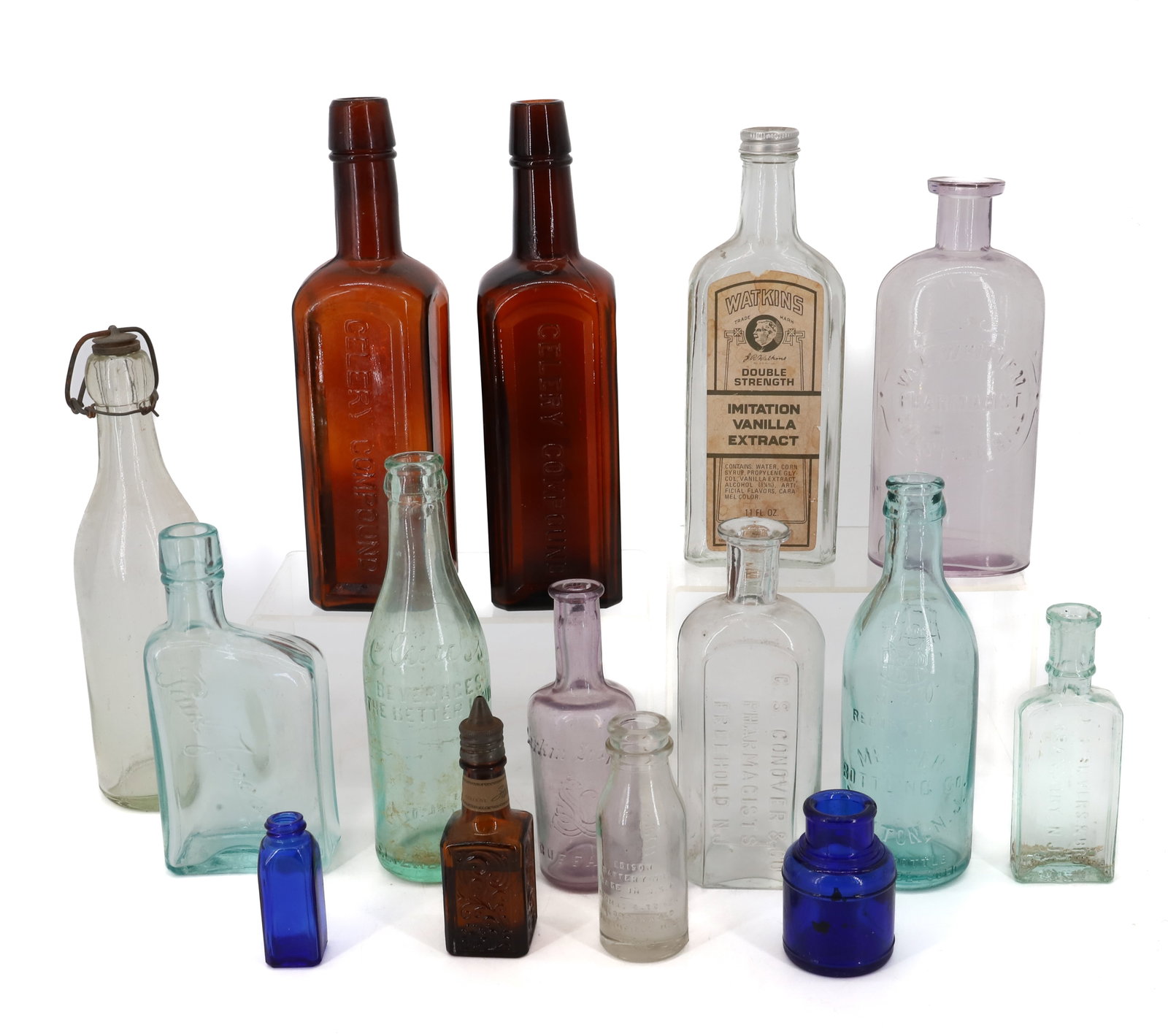 (15) ANTIQUE BOTTLES PHARMACY AND EXTRACTS: CELERY COMPOUNDS, VANILLA EXTRACT, PHARMACIST BOTTLES, CLAUS BEVERAGES ELIZABETH NJ ETC2 1/2"H TO 10" PLEASE READ CAREFULLY - Terms for Purchasing and Shipping of Auction Items. Please read carefully 