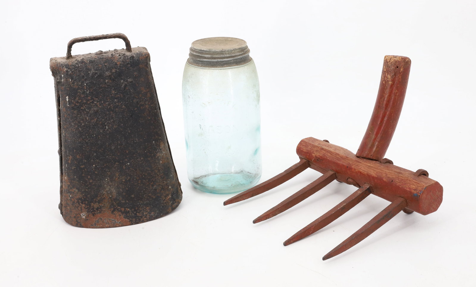 (3) COW BELL, RAKE, WHITNEY FRUIT JAR: WROUGHT IRON LARGE COW BELL, HAND RAKE WITH WROUGHT IRON TINES, AND THE WHITNEY MASON JAR PAT'D 1858 BELL 8 1/2"H,RAKE 10" X 8" PLEASE READ CAREFULLY - Terms for Purchasing and Shipping of Auction Ite