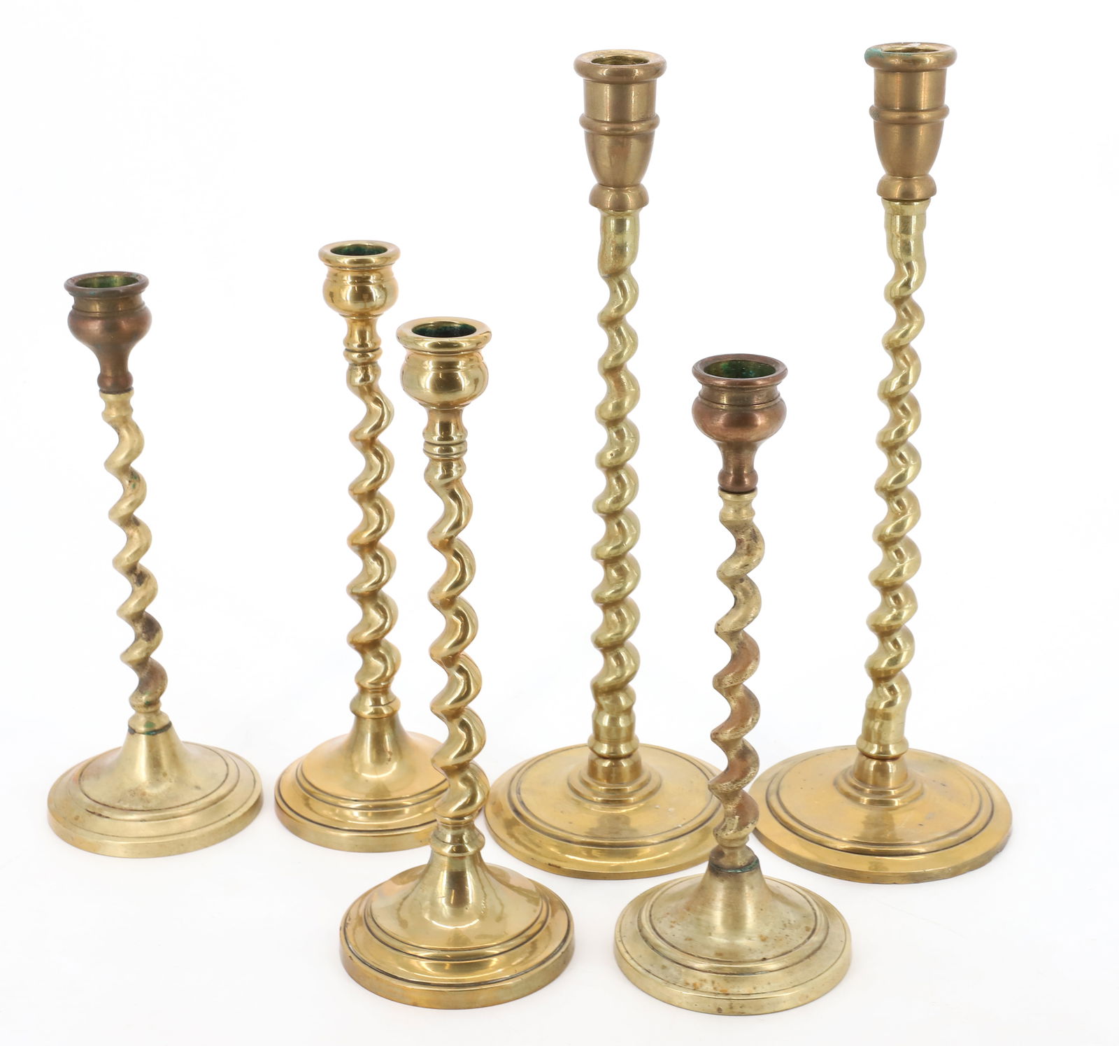 (6) ANTIQUE BARLEY TWIST CANDLESTICKS: THREE PAIR DIFFERENT HEIGHTS 8" TO 11" PLEASE READ CAREFULLY - Terms for Purchasing and Shipping of Auction Items. Please read carefully before bidding. All payments for purchases will be made through