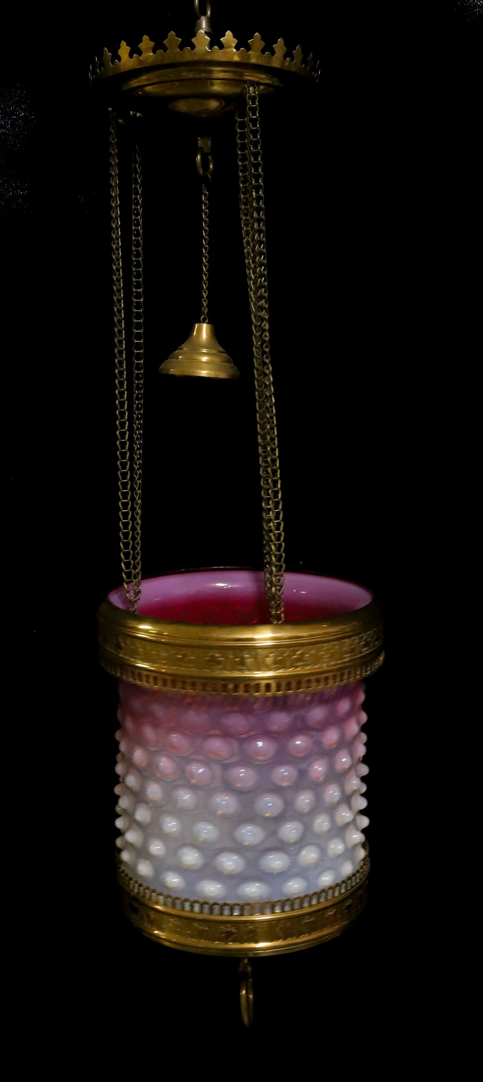 VICTORIAN HANGING LIGHT CRANBERRY OPAL SHADE: CRANBERRY OPALESCENT HOBNAIL SHADE WITH BRASS PULL DOWN FRAME NOT ELECTRIFIED NO BURNER 29"H PLEASE READ CAREFULLY - Terms for Purchasing and Shipping of Auction Items. Please read carefully before bi