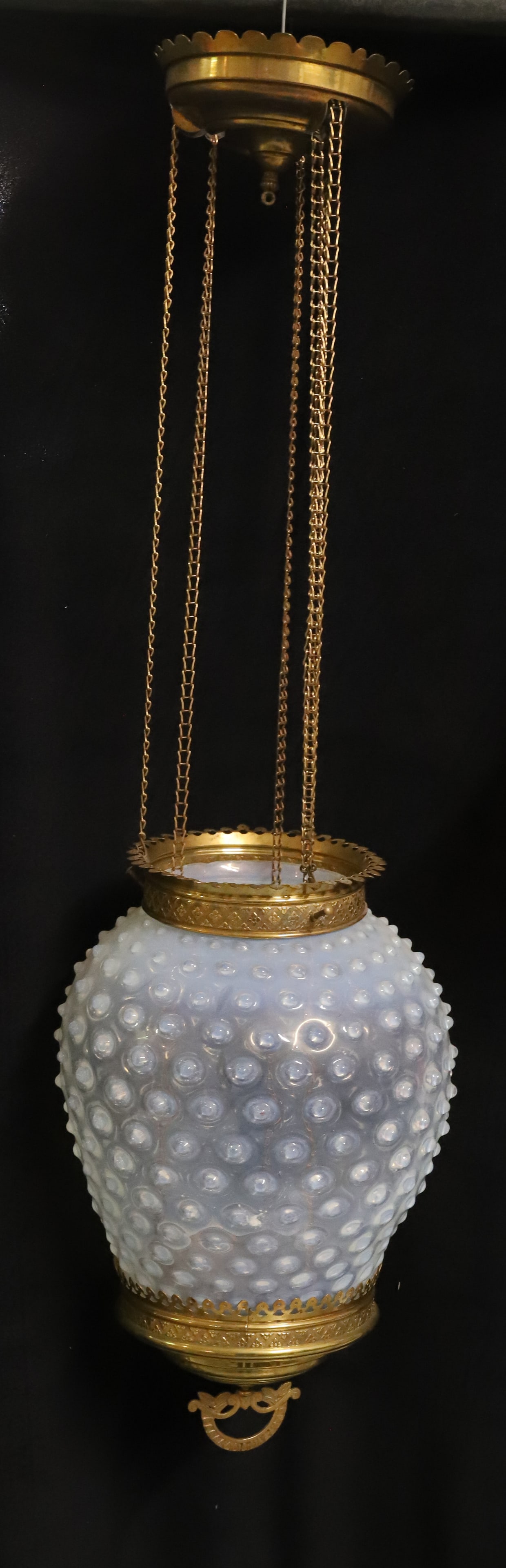 VICTORIAN HANGING LIGHT OPAL SHADE: OPALESCENT HOBNAIL SHADE WITH BRASS PULL DOWN FRAME NOT ELECTRIFIED NO BURNER 32" PLEASE READ CAREFULLY - Terms for Purchasing and Shipping of Auction Items. Please read carefully before bidding. All