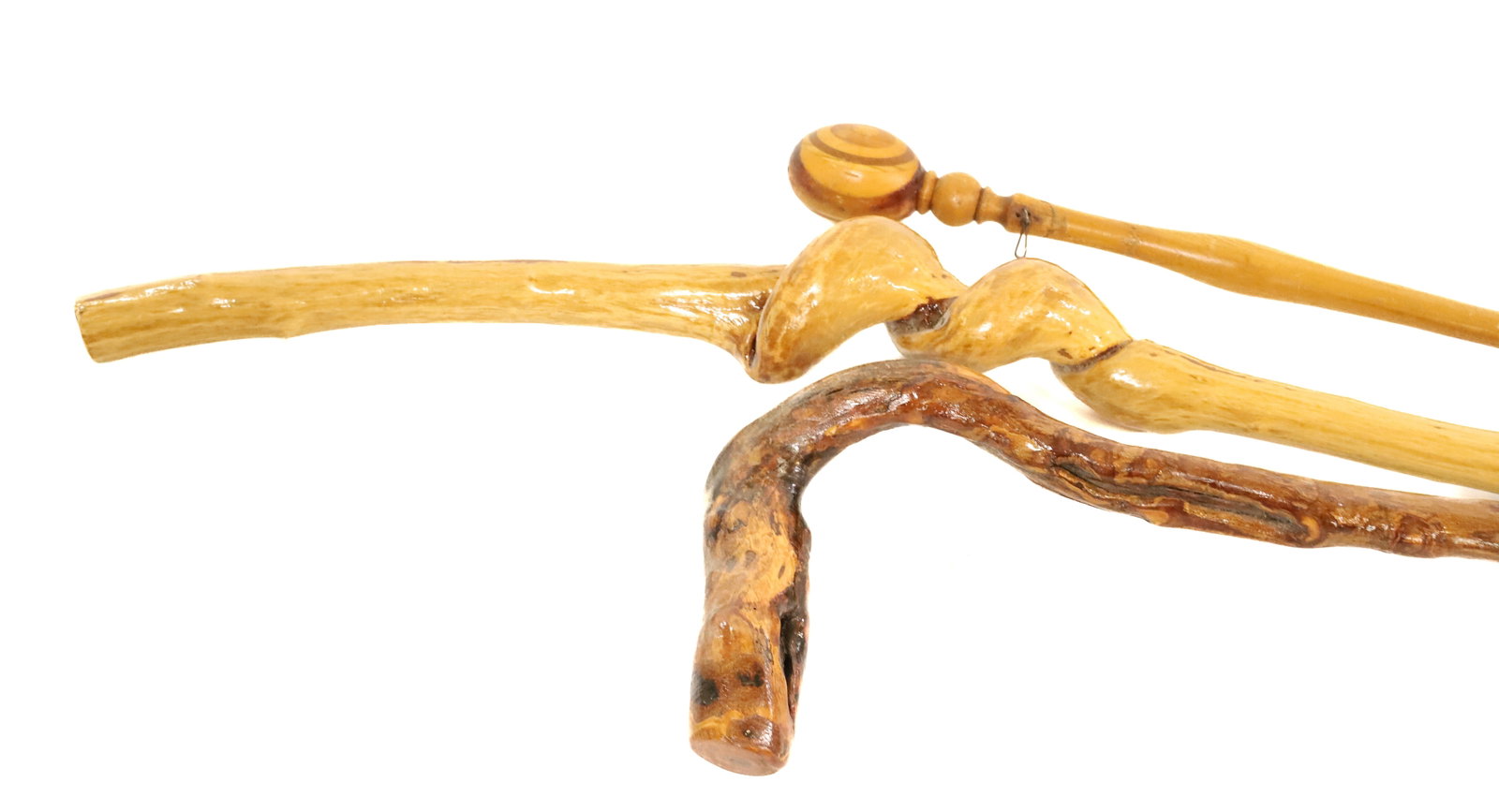 (3) VINTAGE HIKING STICKS: ANTIQUE LATHE TURNED STICK WITH IRON POINTED FERRULE AND TWO TWISTED BRANCH STICKS 36",46",57"H PLEASE READ CAREFULLY - Terms for Purchasing and Shipping of Auction Items. Please read carefully before