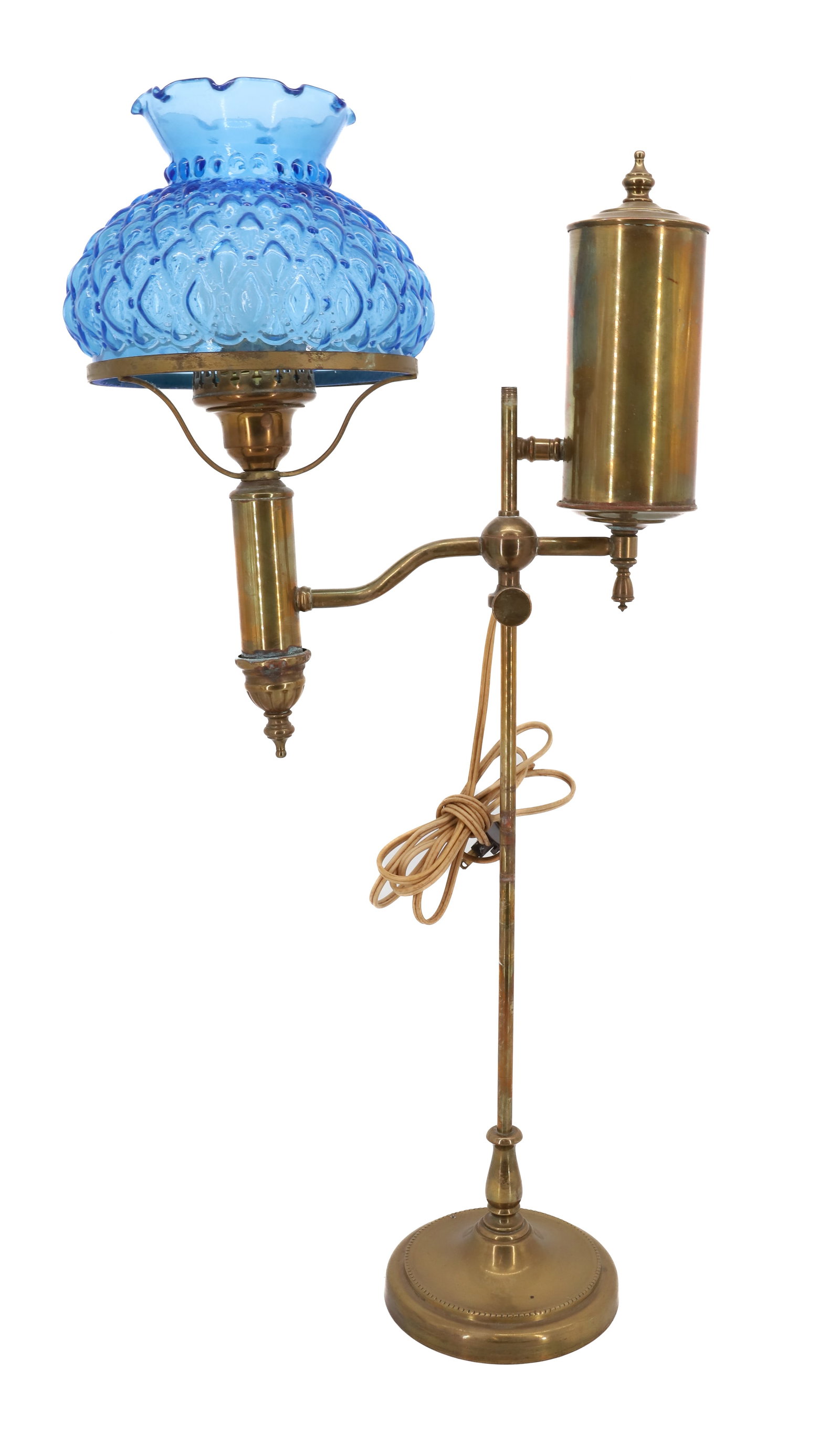 ANTIQUE STUDENT BRASS LAMP: ELECTRIFIED WITH LATER BLUE GLASS SHADE. ADJUSTABLE HEIGHT 27 1/2" X 14" PLEASE READ CAREFULLY - Terms for Purchasing and Shipping of Auction Items. Please read carefully before bidding. All payments 