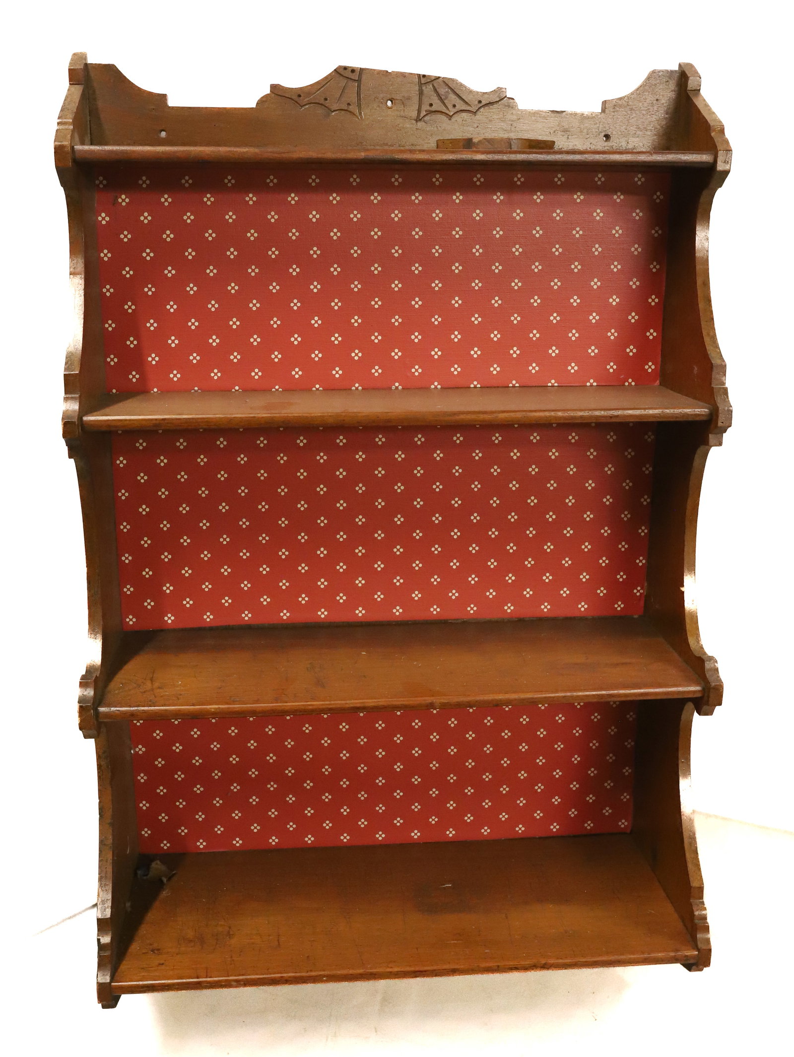 ANTIQUE WALL SHELF: AMERICAN WALNUT WOOD FOUR SHELVES WITH EASTLAKE MOTIFS REPLACED WALLPAPERED BACK 36" X 22 1/2" PLEASE READ CAREFULLY - Terms for Purchasing and Shipping of Auction Items. Please read carefully before 