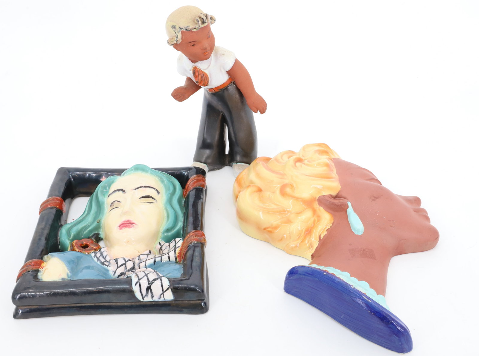 VINTAGE (3) CZECH POTTERY PLAQUES AND FIGURINE: POTTERY BOY FIGURINE, FEMALE PROFILE BLOND HAIR WEST GERMANY AND SQUARE PLAQUE 8"H,11"H,7 1/2" X 6 1/2" PLEASE READ CAREFULLY - Terms for Purchasing and Shipping of Auction Items. Please read carefull