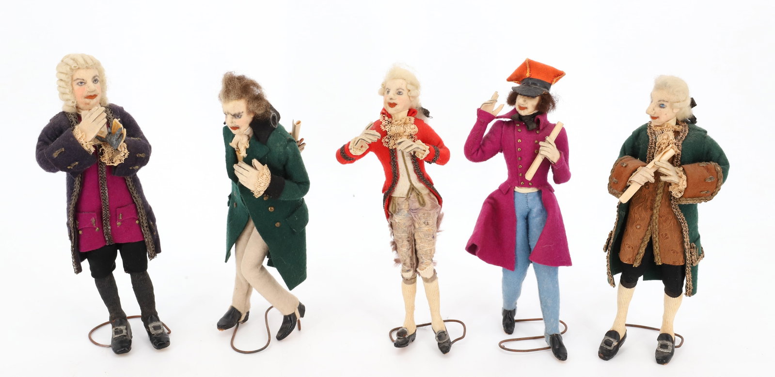 ANTIQUE (5) FELT CLOTHED FIGURINES: ACTORS DRESSED IN CHARACTER VERY DETAILED CLOTHING WIRE THREADS WITH CARVED WOODEN SHOES WIRE STANDS 7 1/2"H POSSIBLY FRENCH PLEASE READ CAREFULLY - Terms for Purchasing and Shipping of Auction Items.