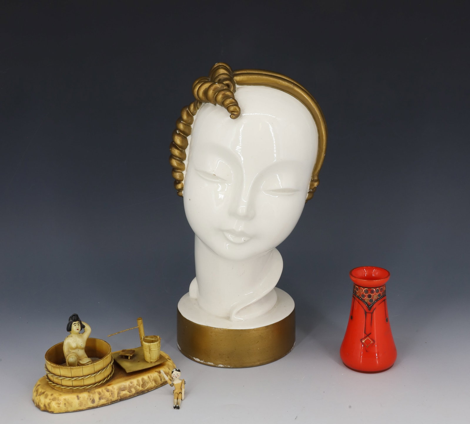 (4) KENT ART WARE BUST, CZECH VASE,CELLULOID: MORIVANA KENT ART VASE JAPAN, ORANGE BLACK DECORATED CZECH VASE, CELLULOID JAPAN BATHING WOMAN, AND SMALL METAL JOINTED DOLL 10 1/2"H,3 1/2"H,5"L PLEASE READ CAREFULLY - Terms for Purchasing and Shipp