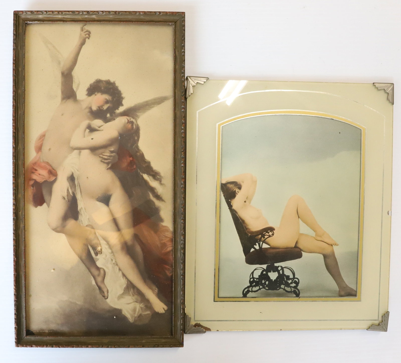 VINTAGE (2) NUDE FEMALE PRINTS: 1950S NUDE IN ANTIQUE OFFICE CHAIR, 1920S NUDE AND MALE ANGEL REINTHAL & NEWMAN NY 12" X 10", 16" X 8" PLEASE READ CAREFULLY - Terms for Purchasing and Shipping of Auction Items. Please read carefully