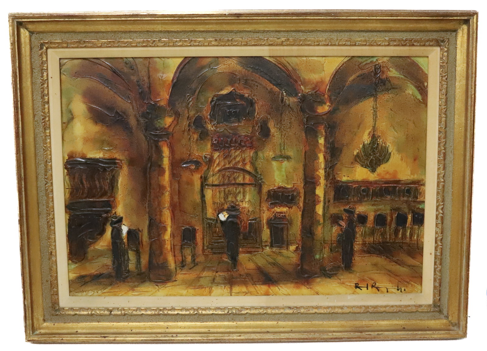 MID CENTURY O/C MOSQUE OR TEMPLE: BROWNS, UMBER AND ORANGE SIGNED LOWER RIGHT R-I 32" X 44" PLEASE READ CAREFULLY - Terms for Purchasing and Shipping of Auction Items. Please read carefully before bidding. All payments for purchases w