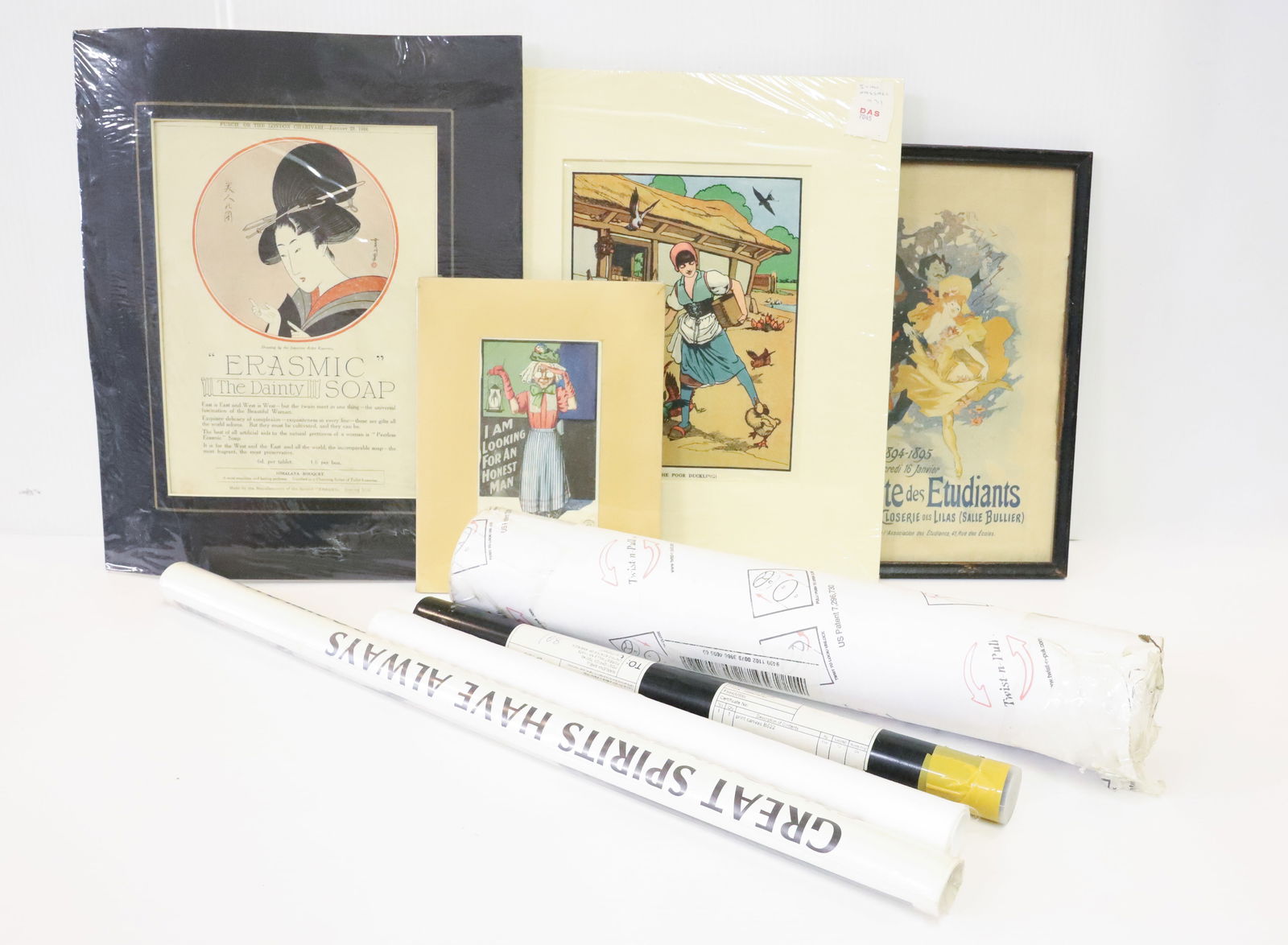 (7) VINTAGE POSTERS AND ADS: ERASMIC SOAP, PITY THE POOR DUCKLING, 1910 POSTCARD, VINTAGE FRENCH THEATER BILL , EINSTEIN POSTER, CANVAS ABSTRACT ART POSTER AND MUSIC VEILED ISIS POSTER. EINSTEIN POSTER UNOPENED PLEASE READ CAREFU